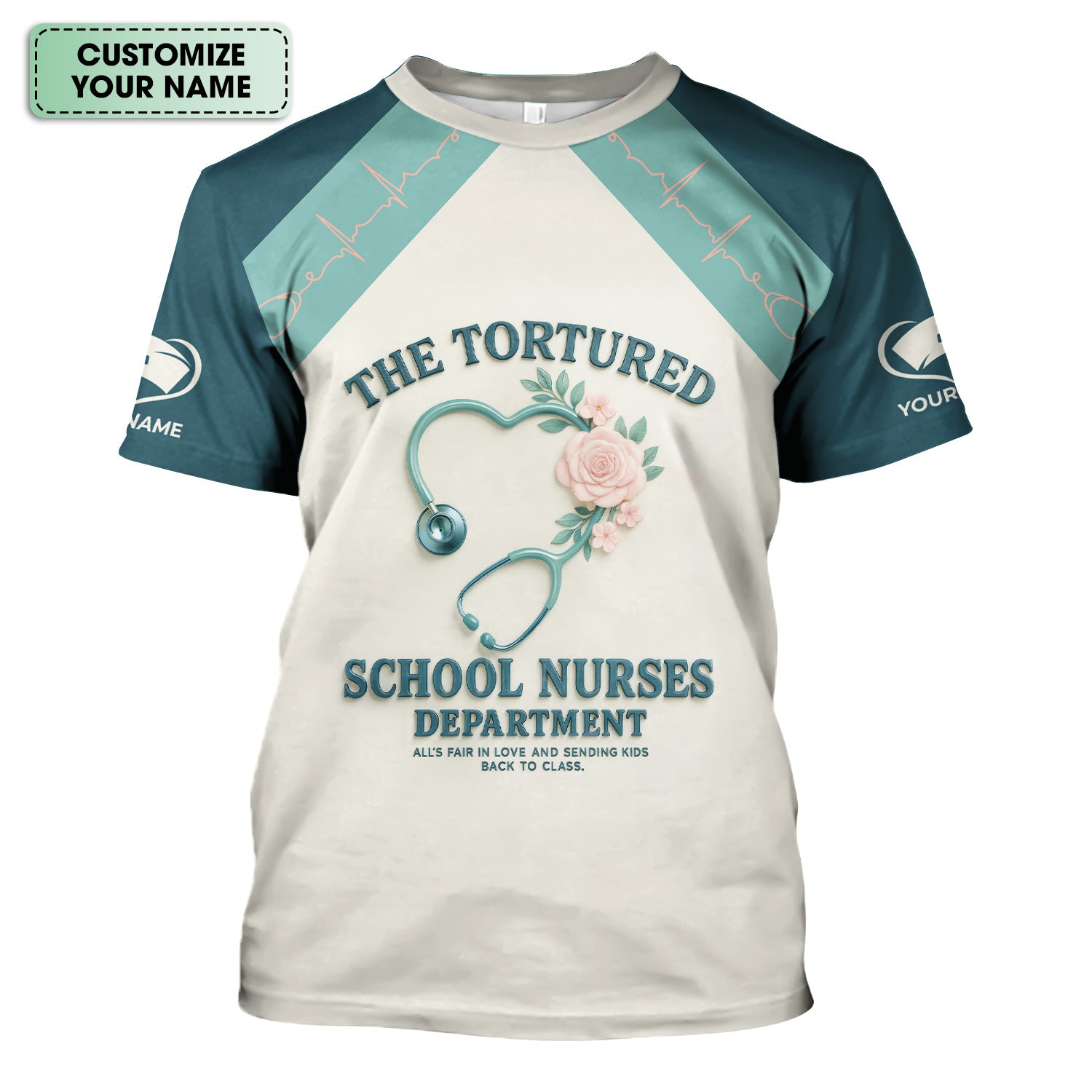 Personalized Funny School Nurse Scrub Top for Women - Heart Stethoscope Floral Design - Custom Name Gift for Teachers, Medical Staff