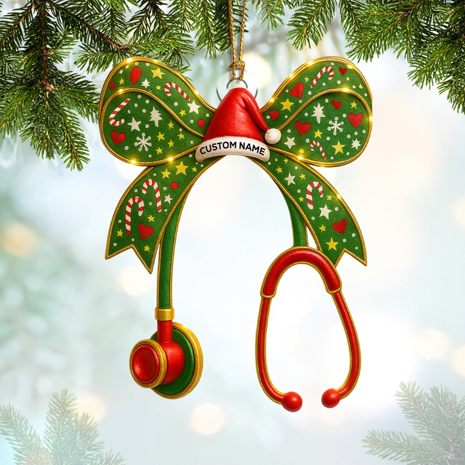 Personalized Nurse Bow Ornament – Funny Christmas Stethoscope Design – Cute Holiday Gift for Healthcare Workers and RN