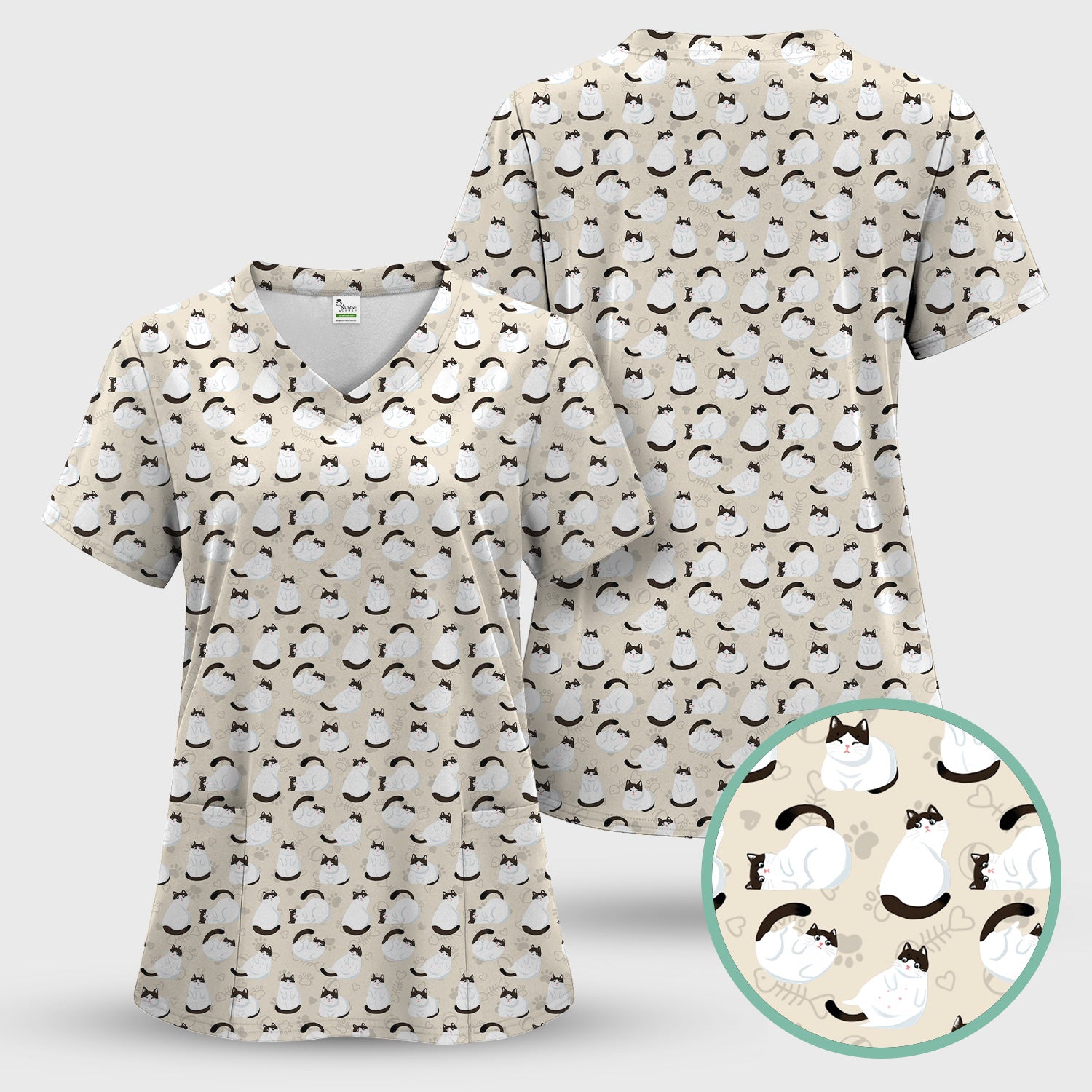 Cute Cat Pattern Medical Scrub Top, Breathable Fabrics Nursing Uniform