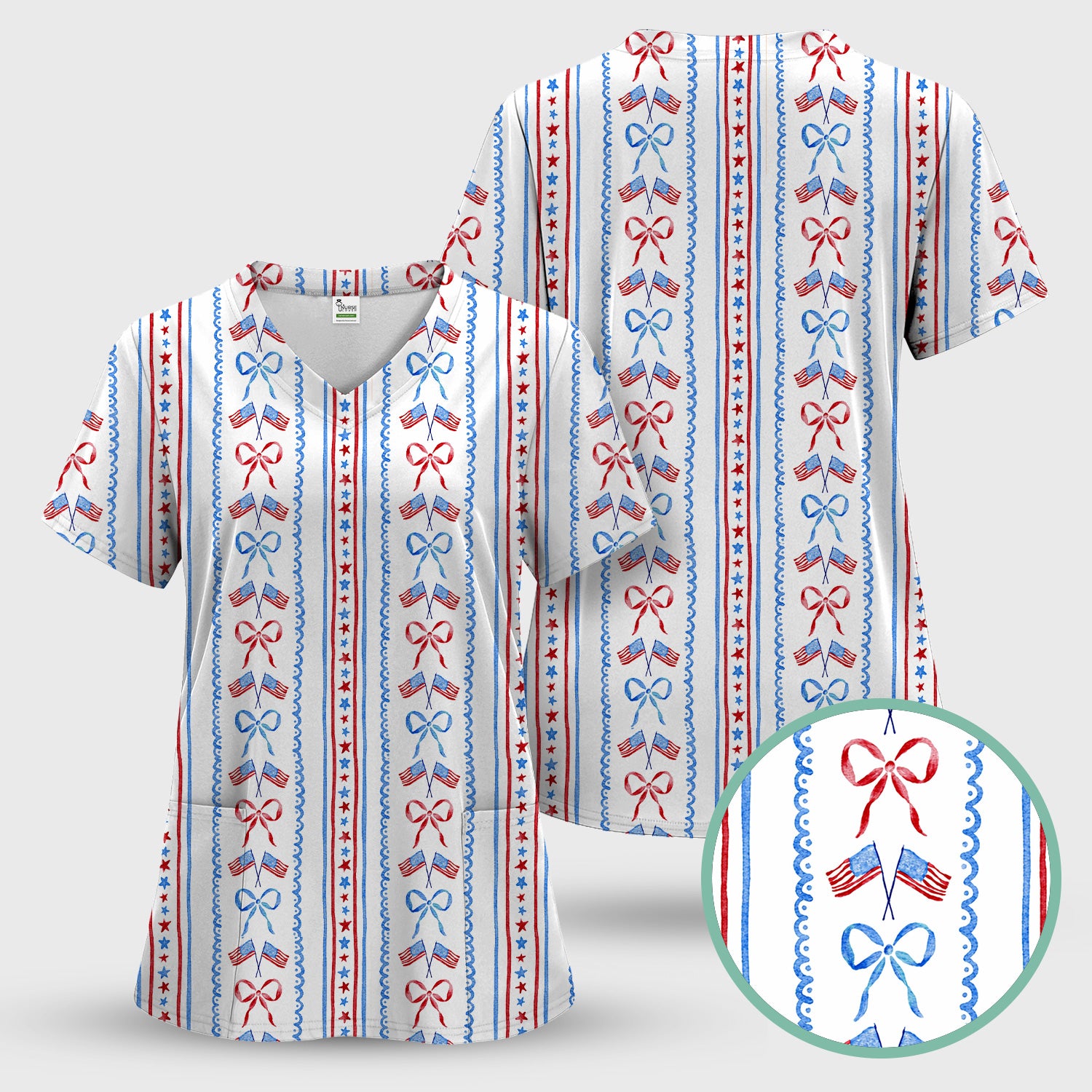 Patriotic USA Flag Bow Stripe Pattern Scrub Set, Scrub Pants and V Neck Top