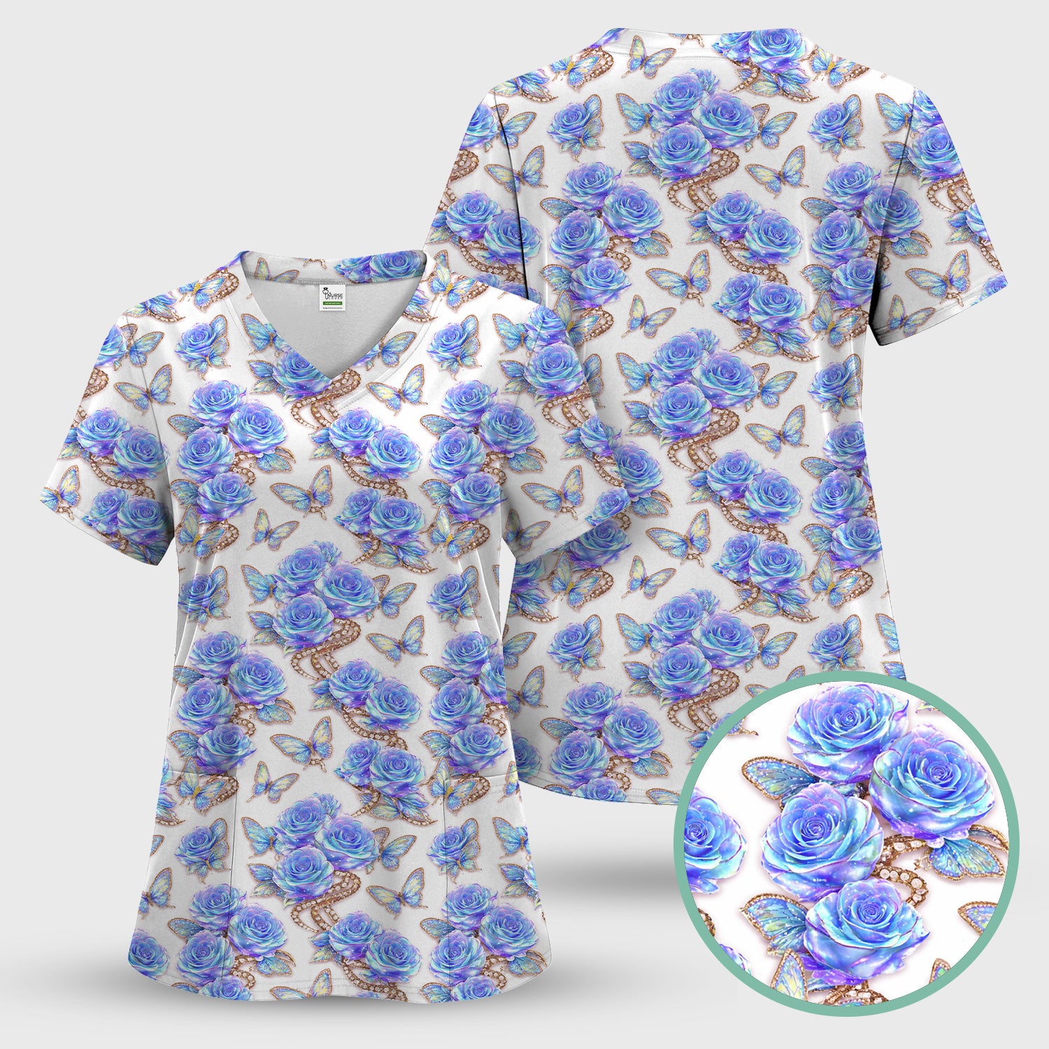 Elegant Blue Rose Floral Print Scrub Top, Soft & Breathable Nurse Scrubs