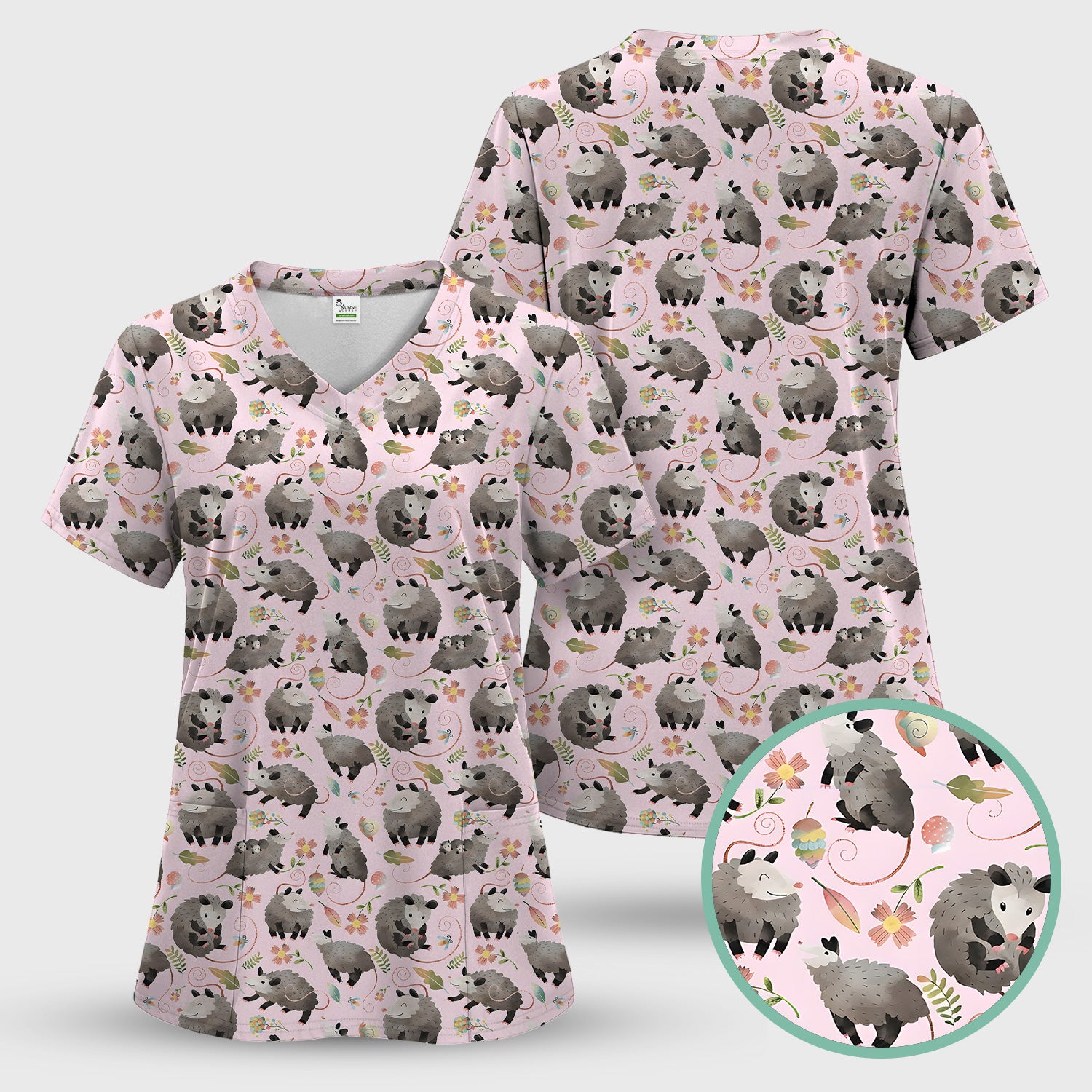 Cute Opossum Playing Flower Garden Pattern Scrub Set, Scrub Pants and V Neck Top