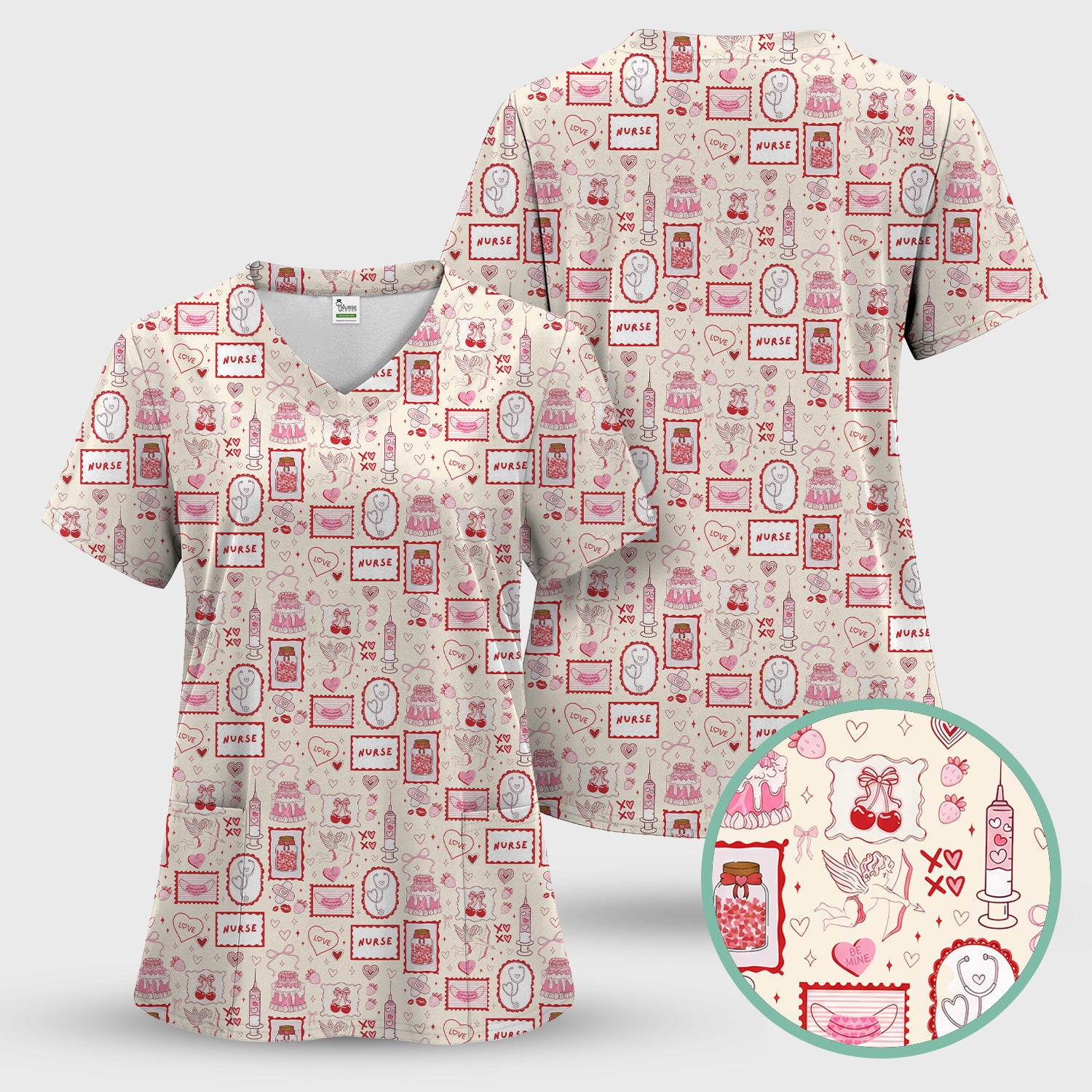 Nurse Icons Hearts Syringes Valentine Scrub Top, Breathable Nursing Uniform