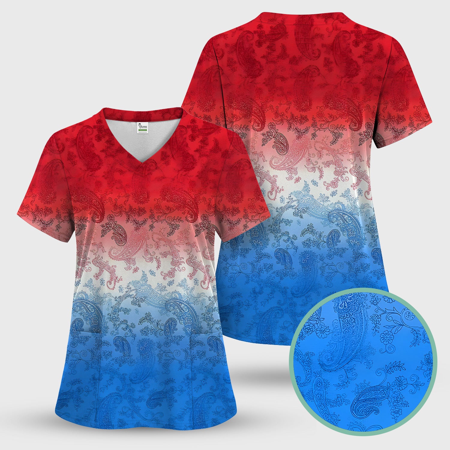 Red Blue Paisley Ombre Pattern Scrub Top, Comfortable Scrubs for Nurses