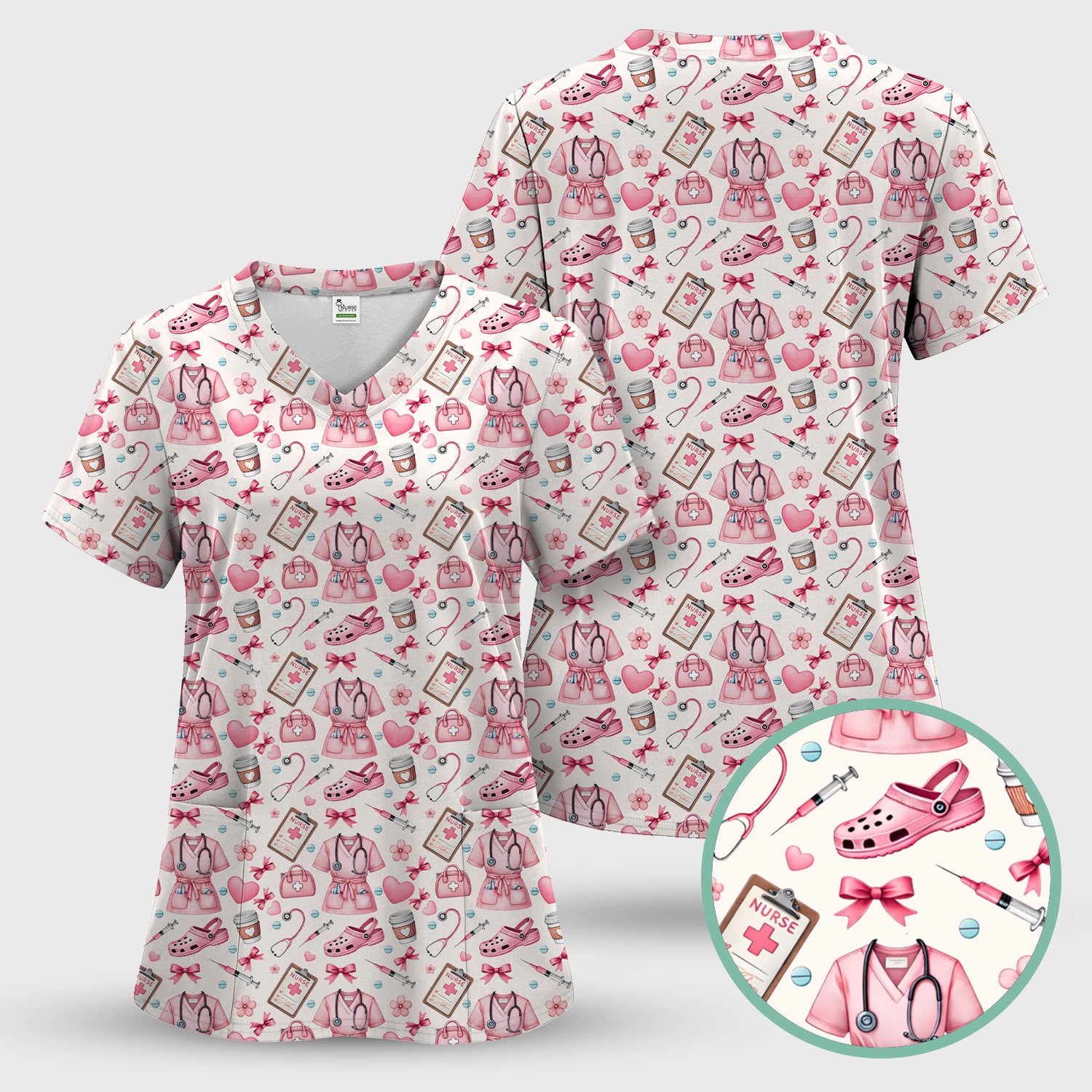Valentine Pink Nurse Icons Print Scrub Top, Comfortable Scrubs for Nurses