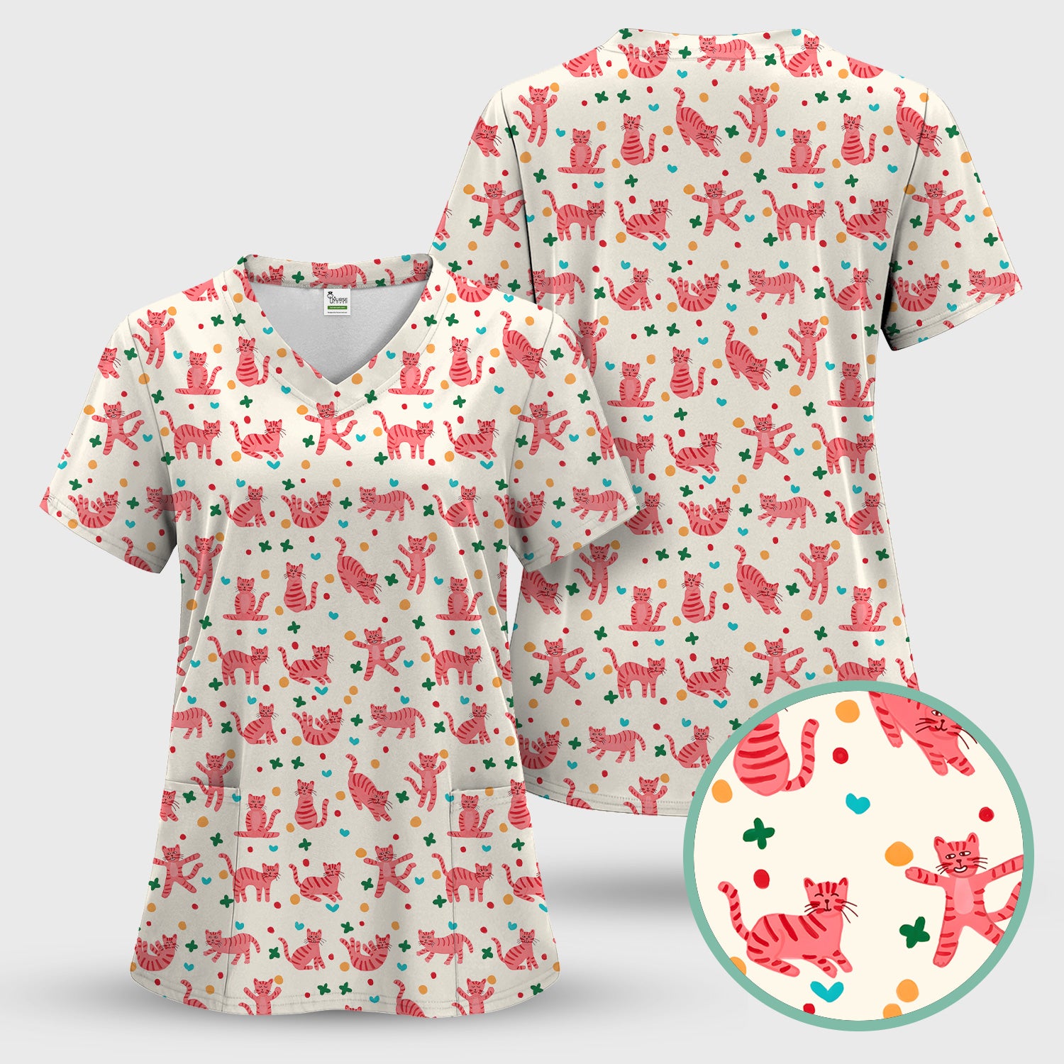 Cute Pink Cat Pattern Scrub Top, Comfortable Scrubs for Nurses