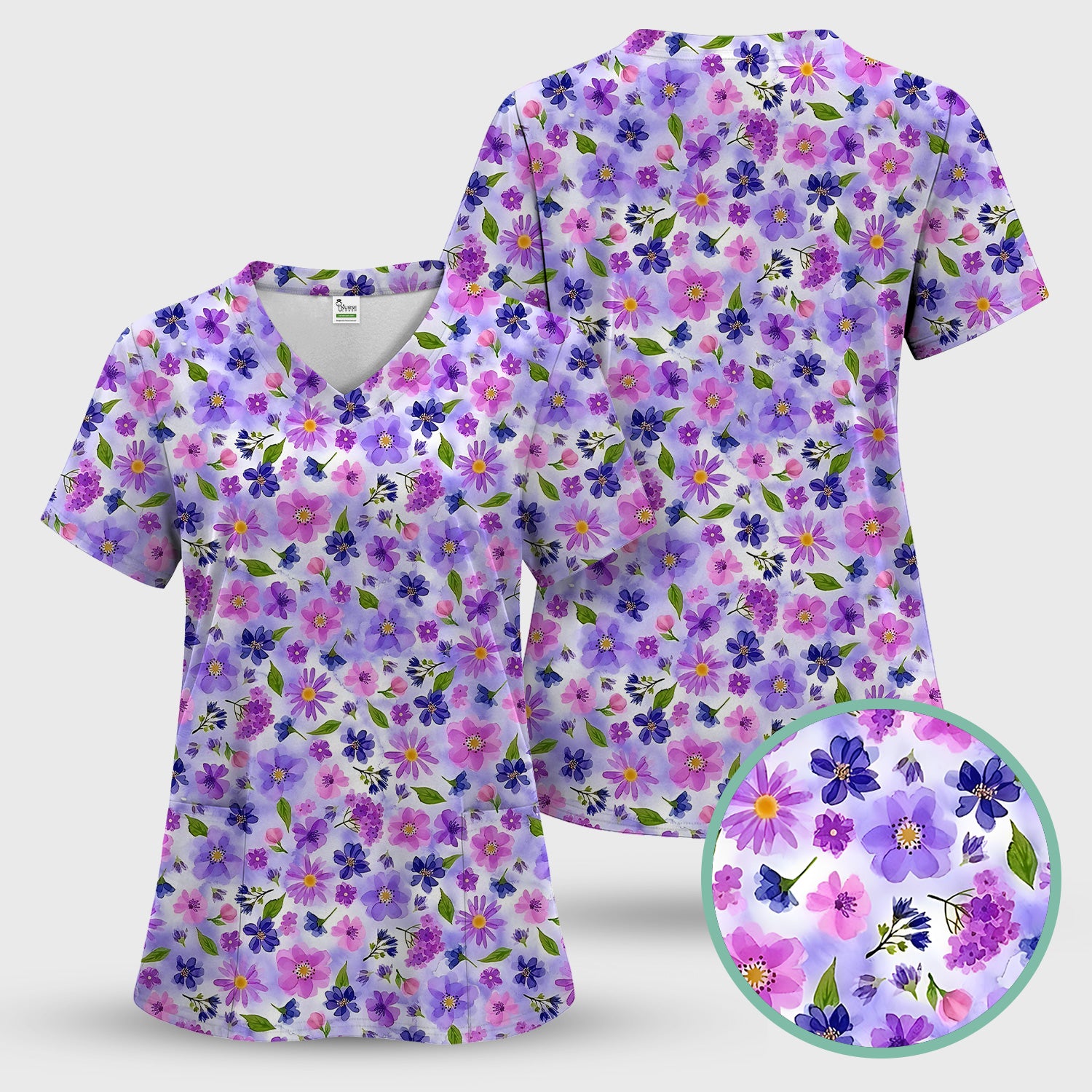 Purple Watercolor Wildflower Bloom Pattern Scrub Top, Comfortable Scrubs for Nurses