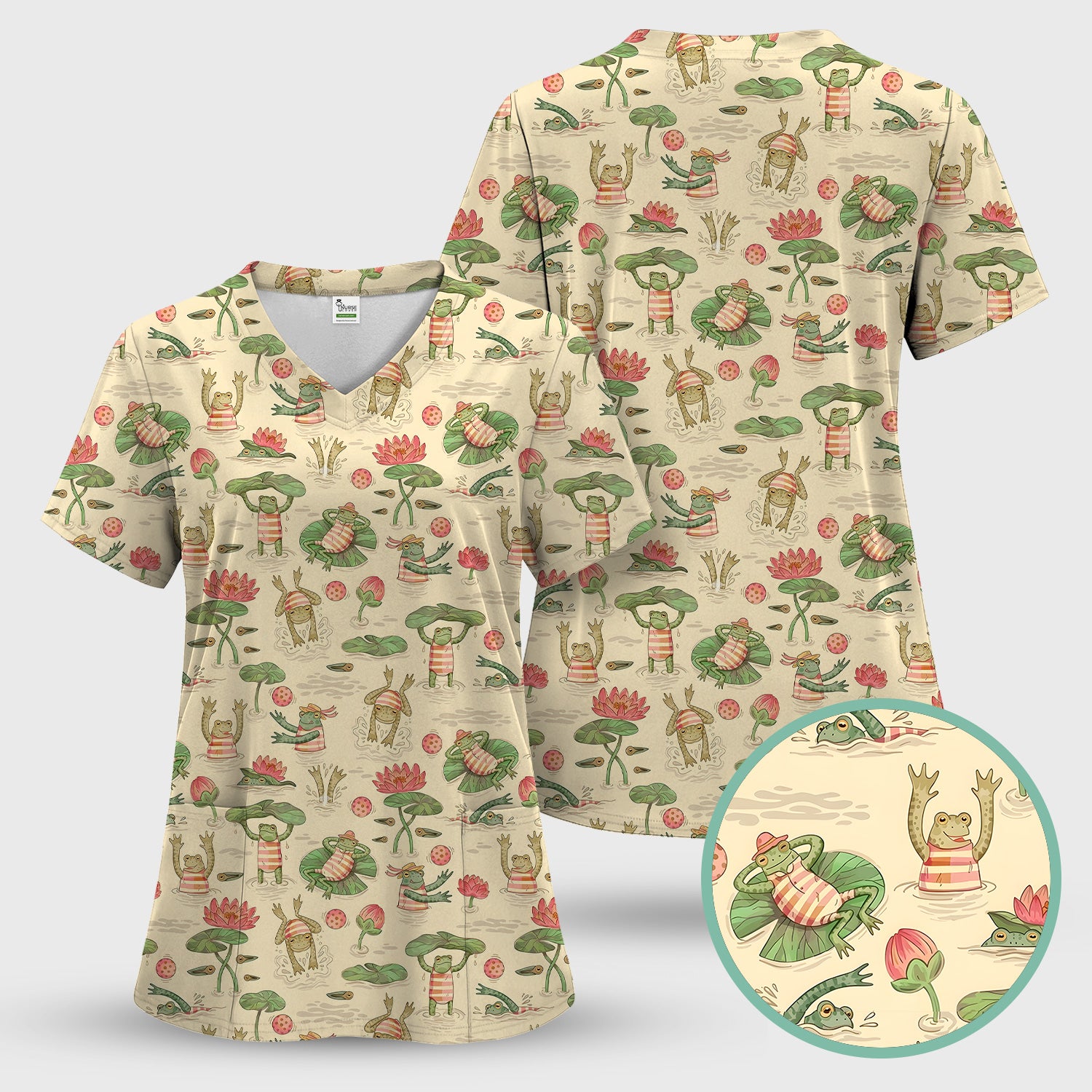 Cute Frogs Swimming Lily Pond Pattern Scrub Top, Comfortable Scrubs for Nurses