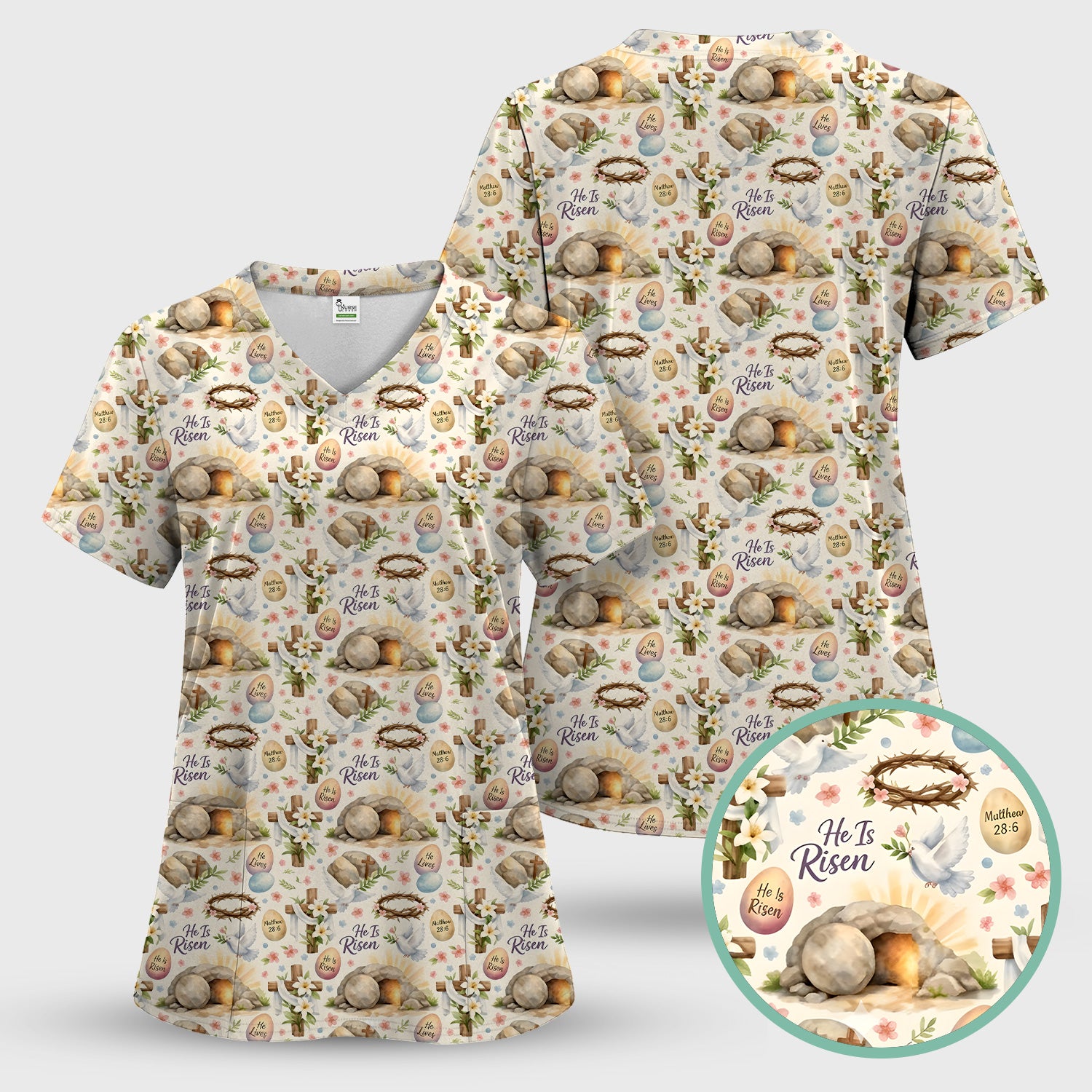 He Is Risen Cross Tomb Lily Pattern Scrub Set, Scrub Pants and V Neck Top