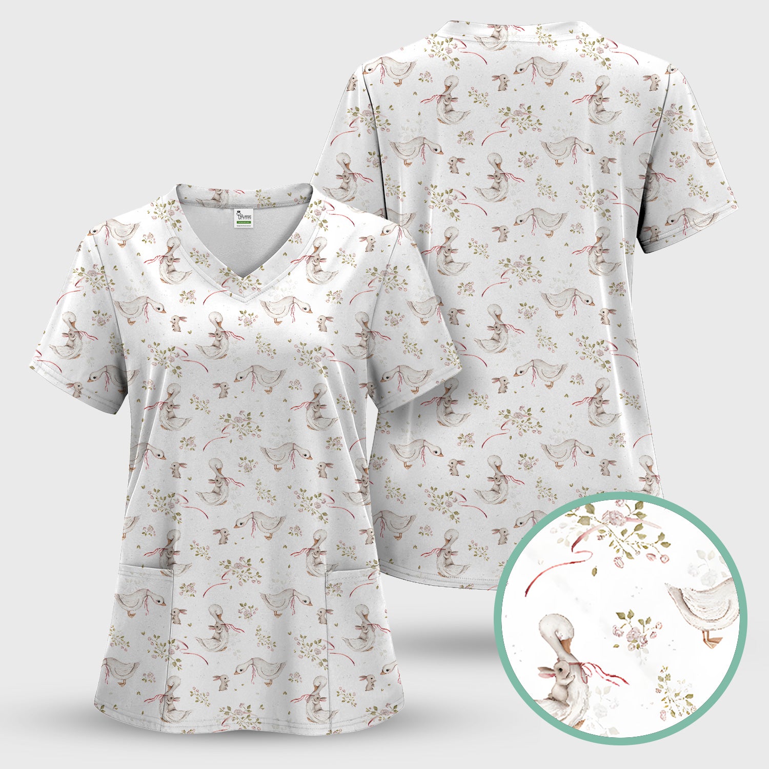 Cute Duck Bunny Floral Print Scrub Top, Breathable Fabrics Nursing Uniform, Easter
