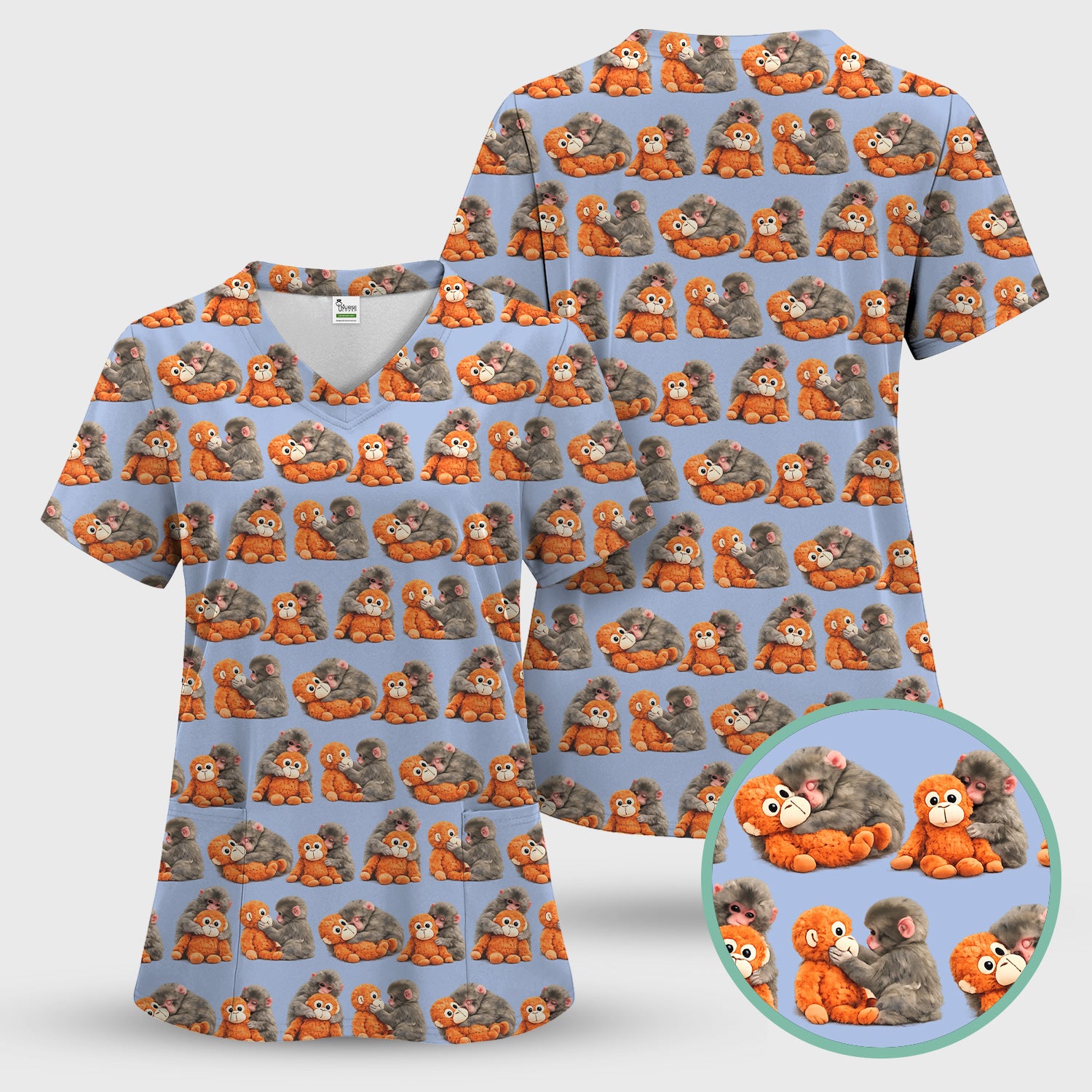 Cute Baby Monkey Plush Toy Animal Pattern Scrub Top, Breathable Medical Uniform Top