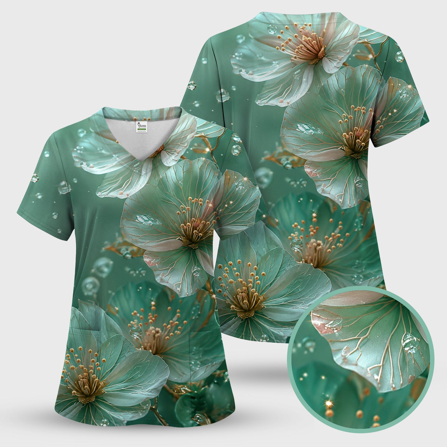 Elegant Mint Blossom Dewdrop Pattern Scrub Top, Comfortable Scrubs for Nurses