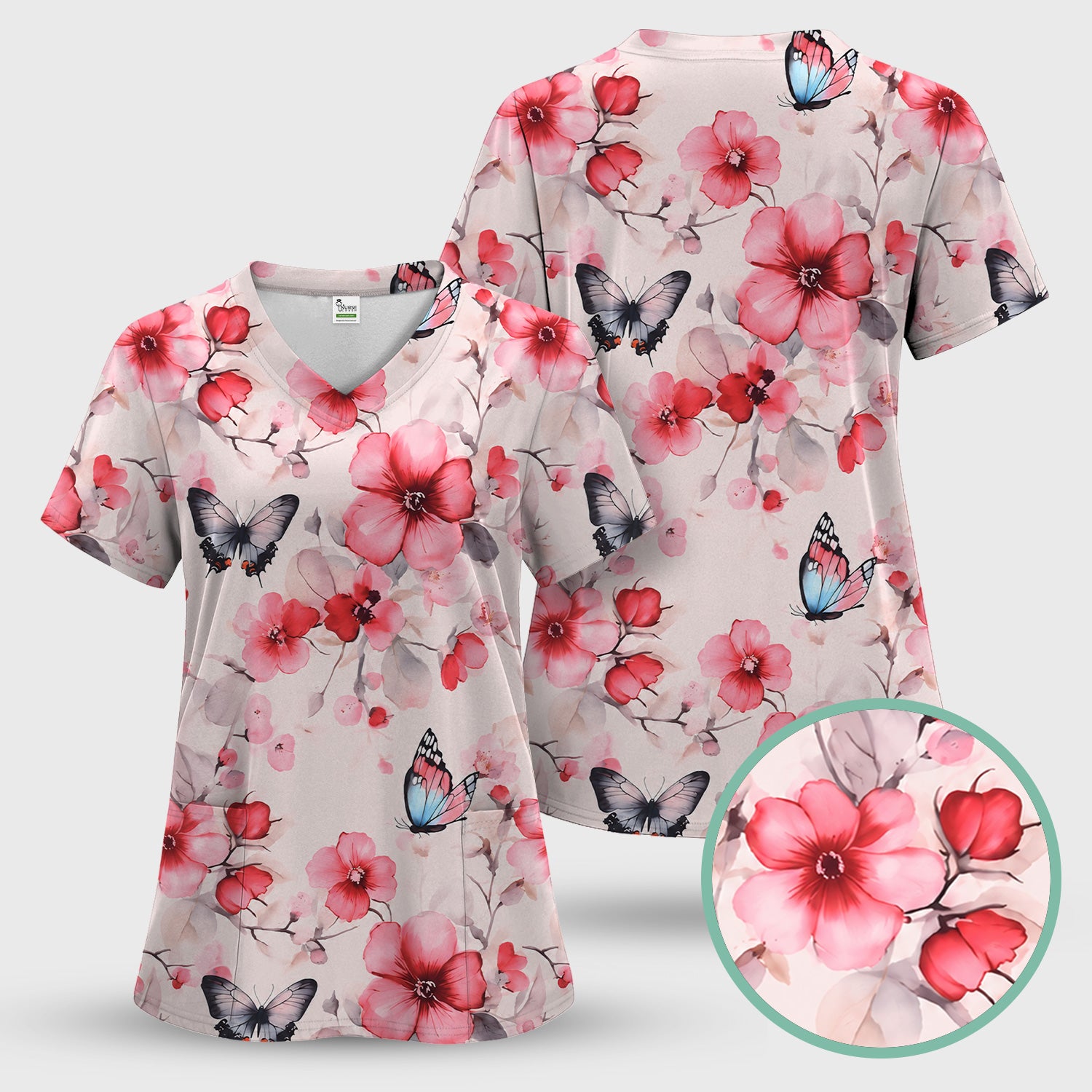 Pink Butterfly Blossom Pattern Scrub Top, Comfortable Scrubs for Nurses
