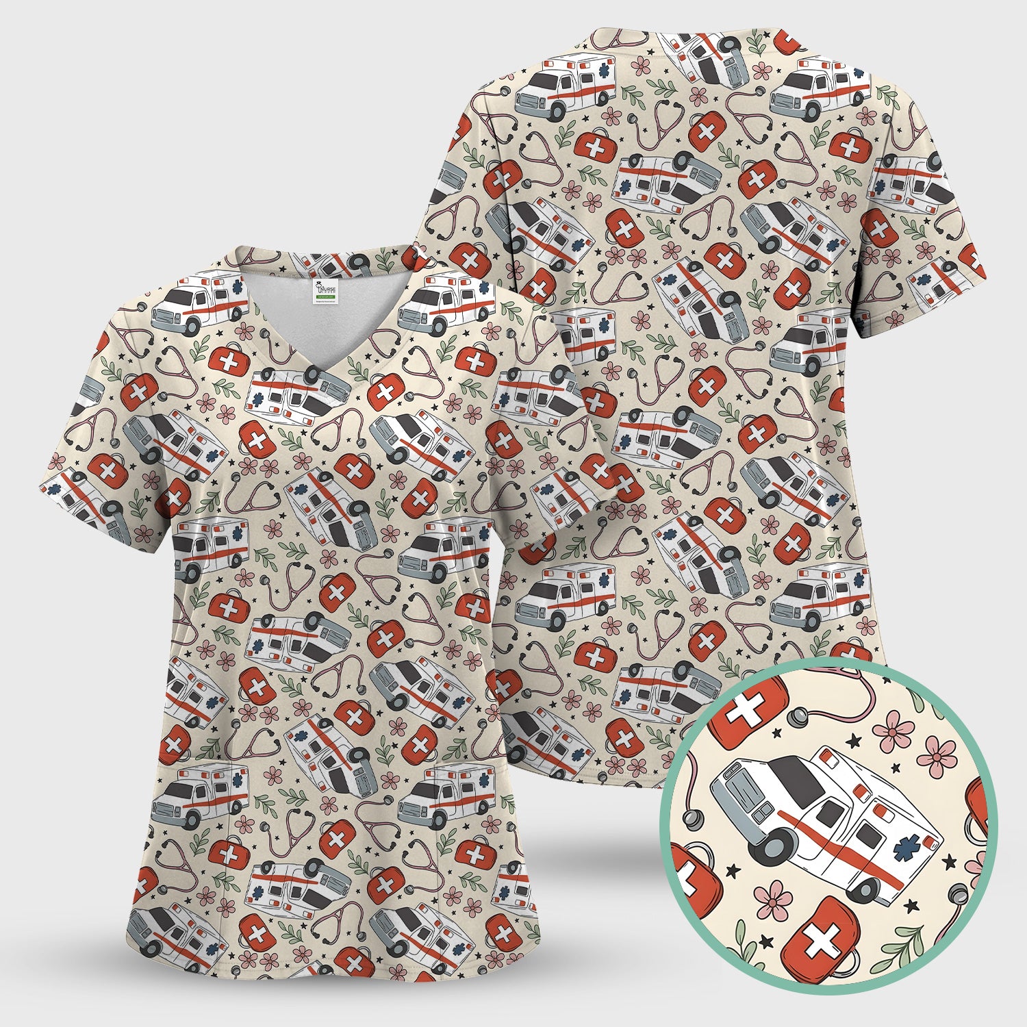 Ambulance Stethoscope First Aid Floral Pattern Scrub Set, Scrub Pants and V Neck Top