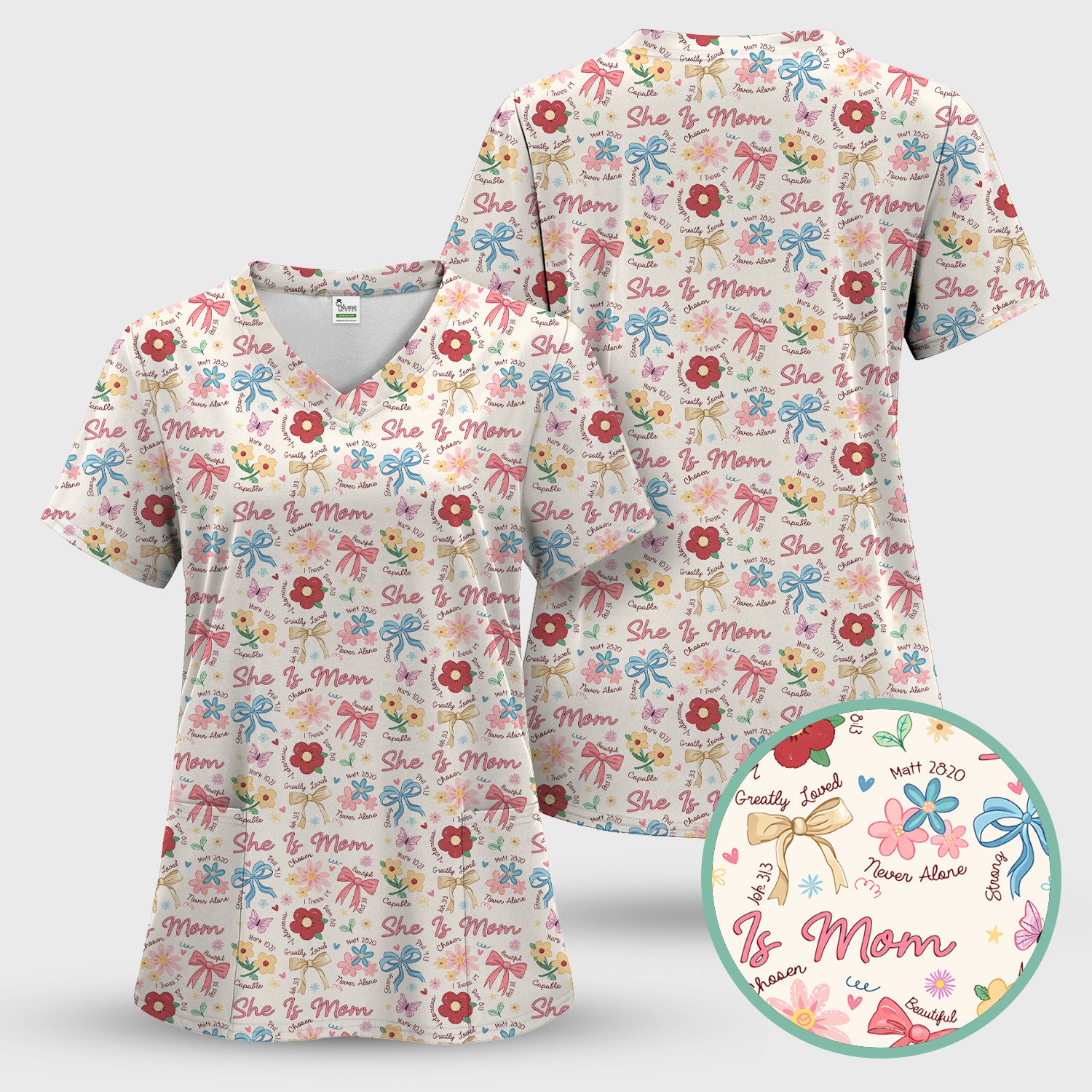 She Is Mom Floral Bow Pattern Scrub Top, Comfortable Scrubs for Nurses