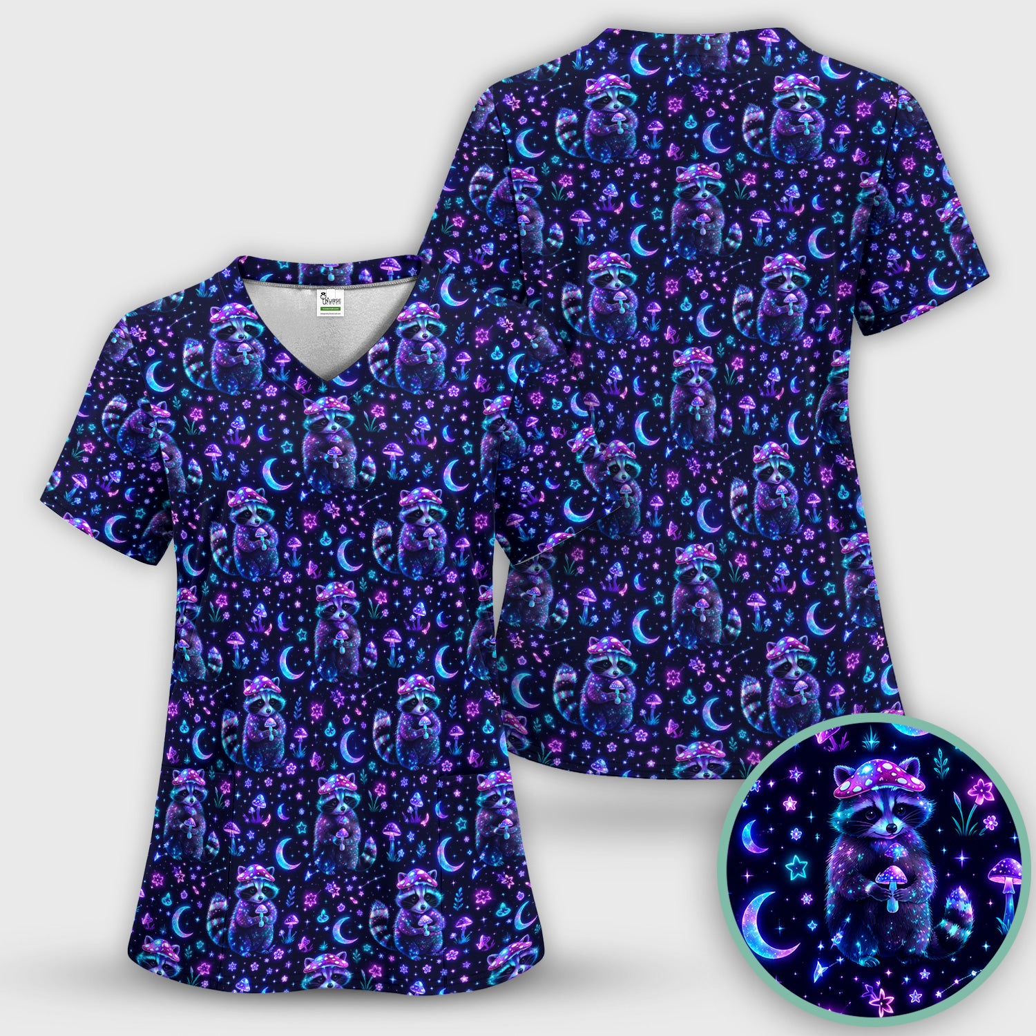 Neon Mushroom Raccoon Moonlight Pattern Scrub Top, Comfortable Scrubs for Nurses