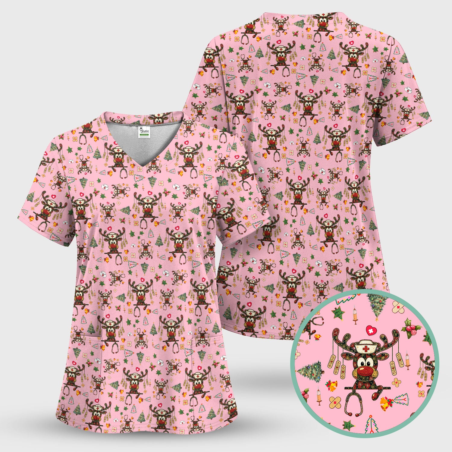 Reindeer Christmas Nurse Scrub Top - Funny Holiday Scrub Shirt - Cute Medical Uniform for Women RN LPN CNA Gift