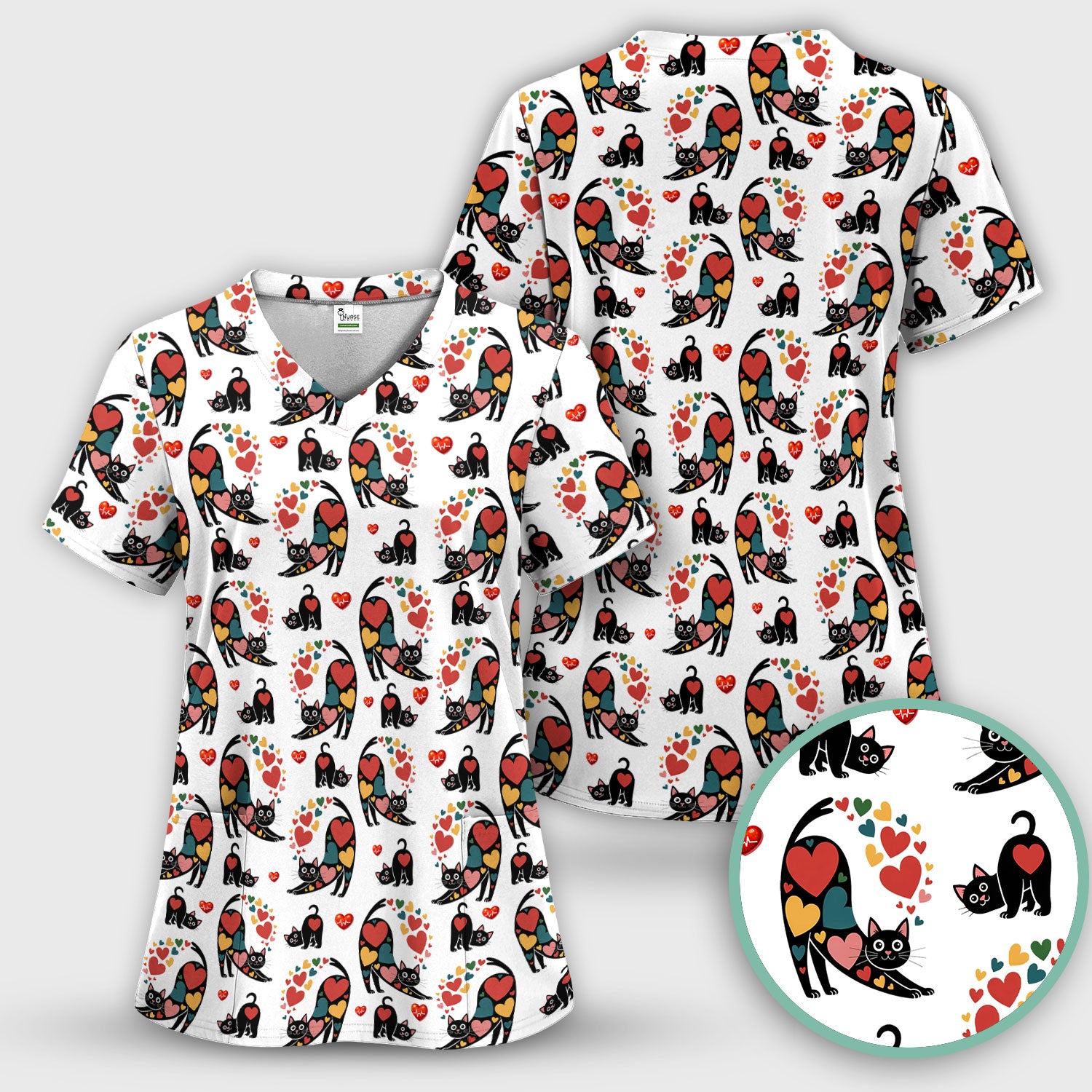 Playful Cat Valentine Heart Print Nurse Scrub Top, Comfortable Scrubs for Nurses