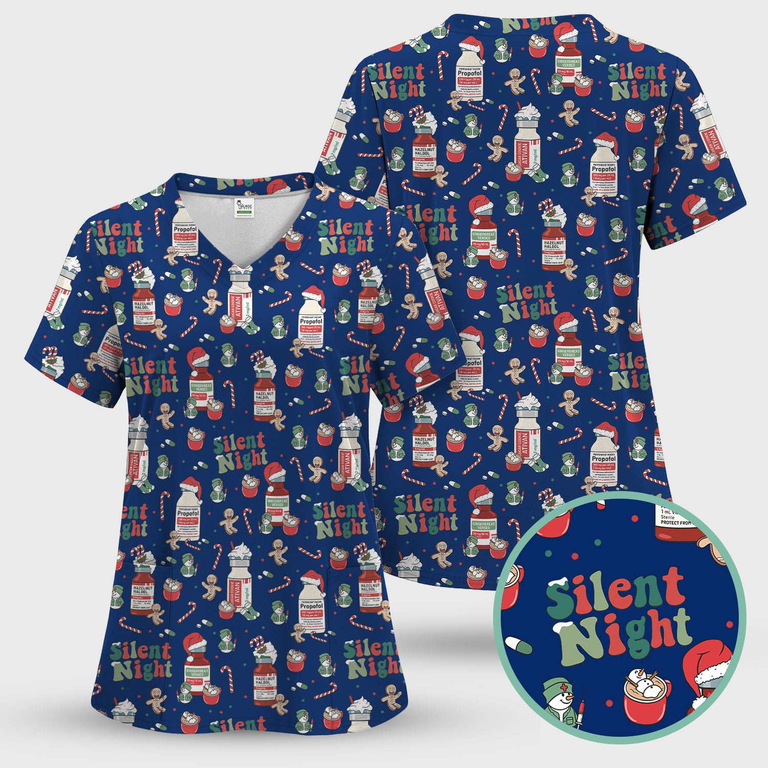 Christmas Medicine Scrub Set for Nurses - Silent Night Propofol Print Scrubs Pants and Top - Funny Holiday Medical Scrub Gift for Women RN CNA LPN