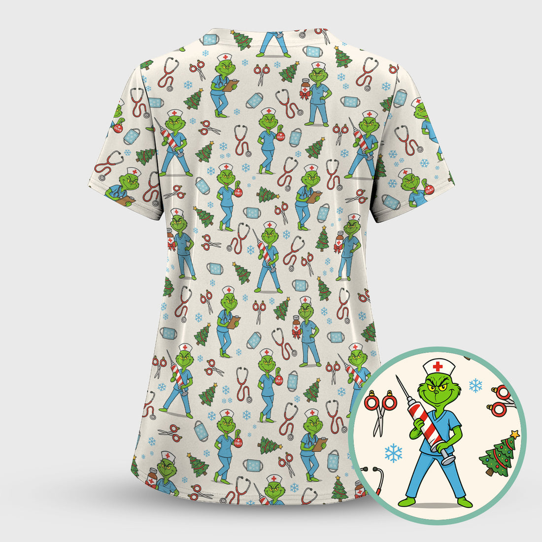 Christmas Grinch Nurse Scrub Top - Funny Holiday Medical Uniform for Women - RN LPN CNA Gift