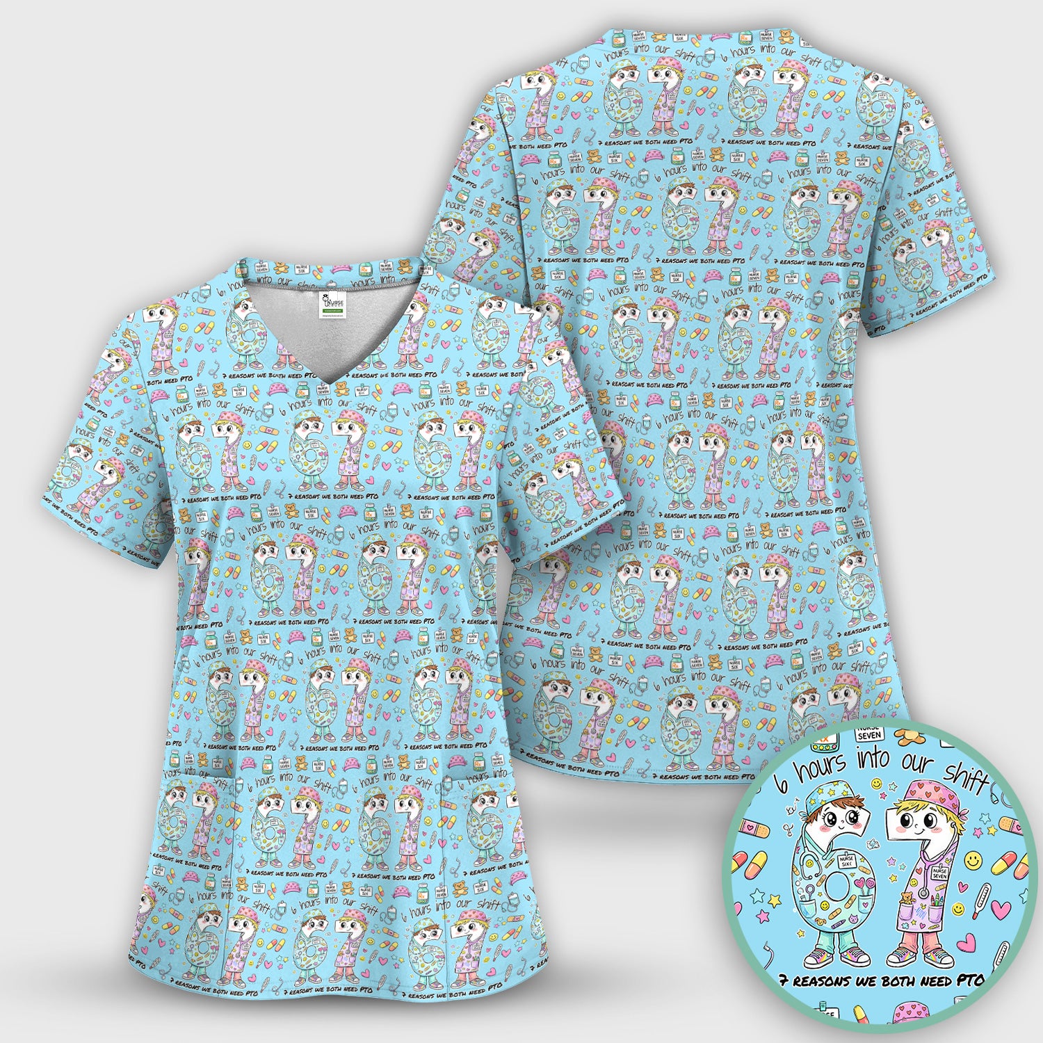 Cartoon Characters Six Hours Into Shift With Medical Doodle Scrub Set, Breathable Med Uniform