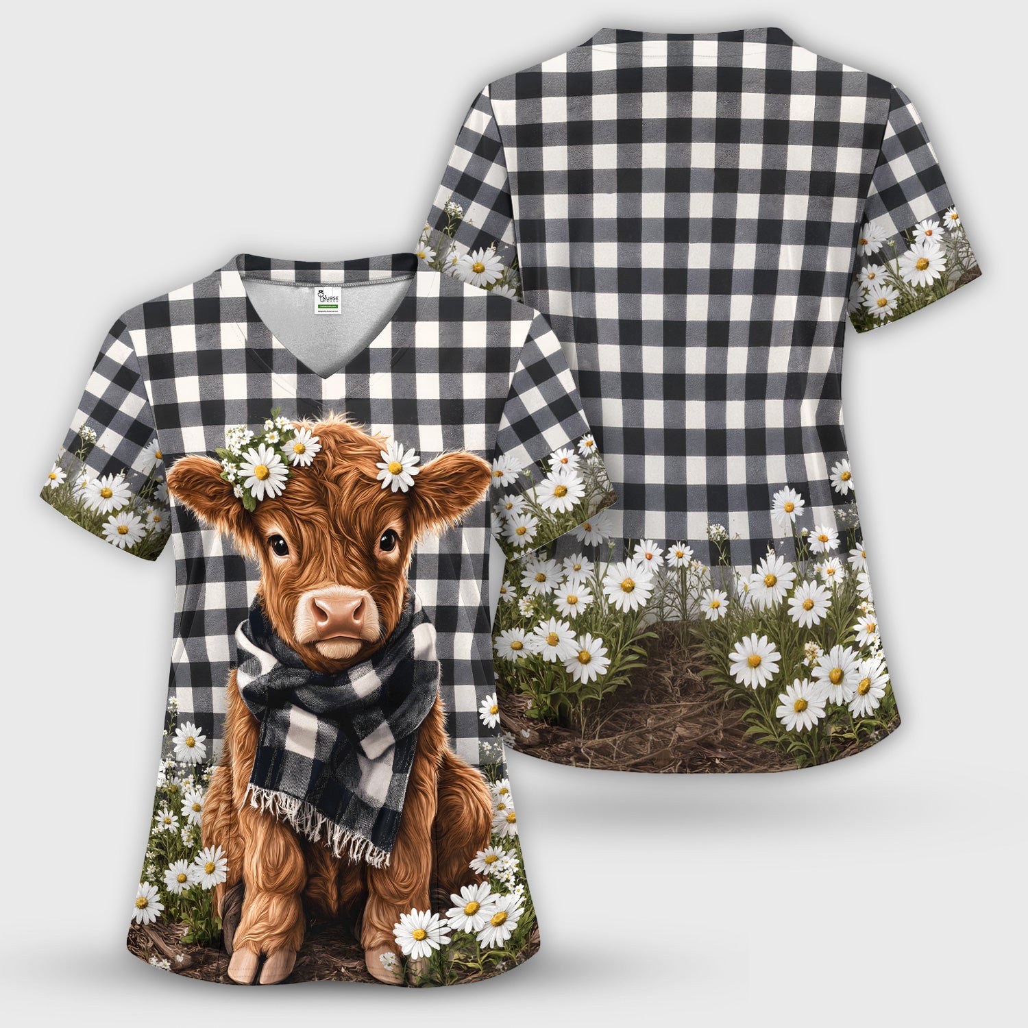 Highland Cow Daisy Pattern Scrub Top, Comfortable Scrubs for Nurses