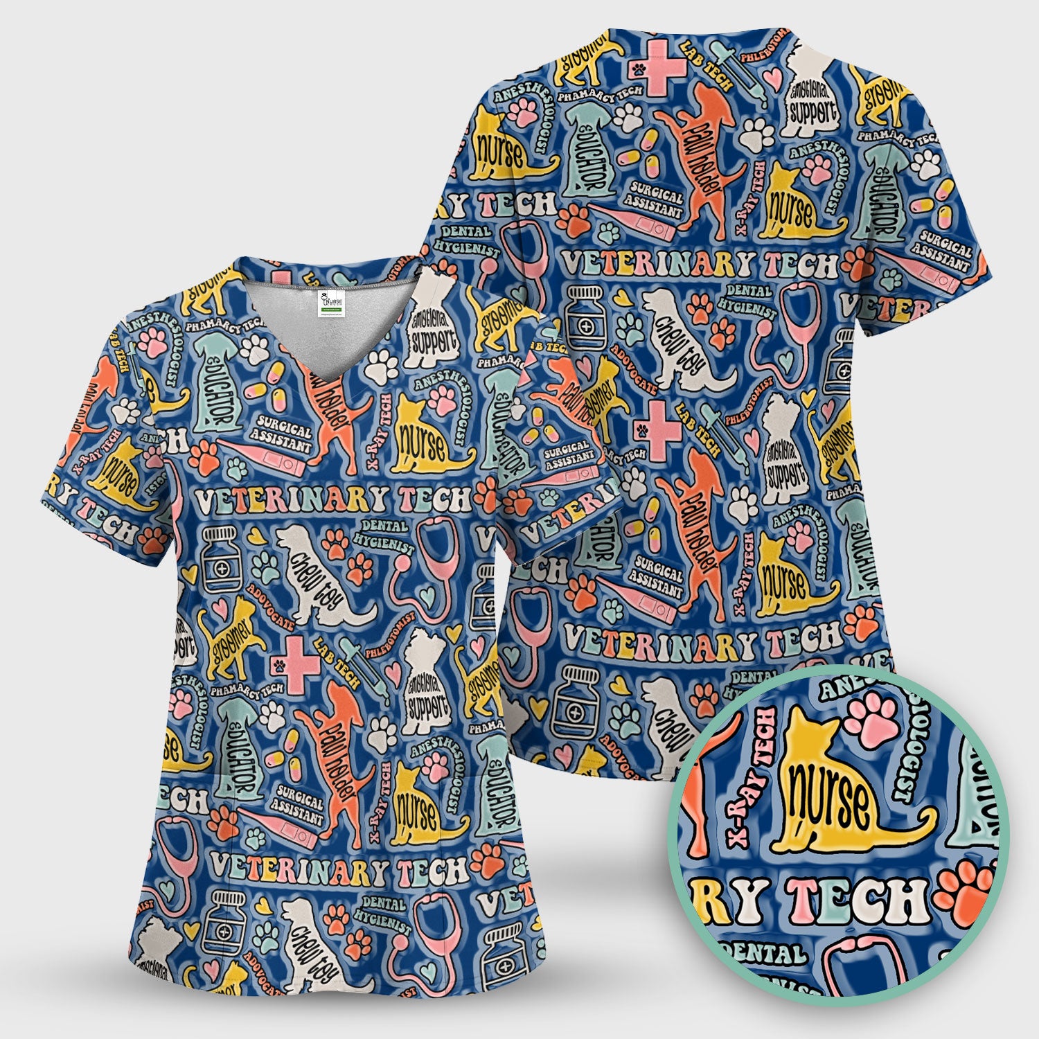 Veterinary Tech Nurse Scrub Top - Dog Cat Pet Medical Shirt - Funny Vet Tech Animal Scrubs for Women LPN RN CNA