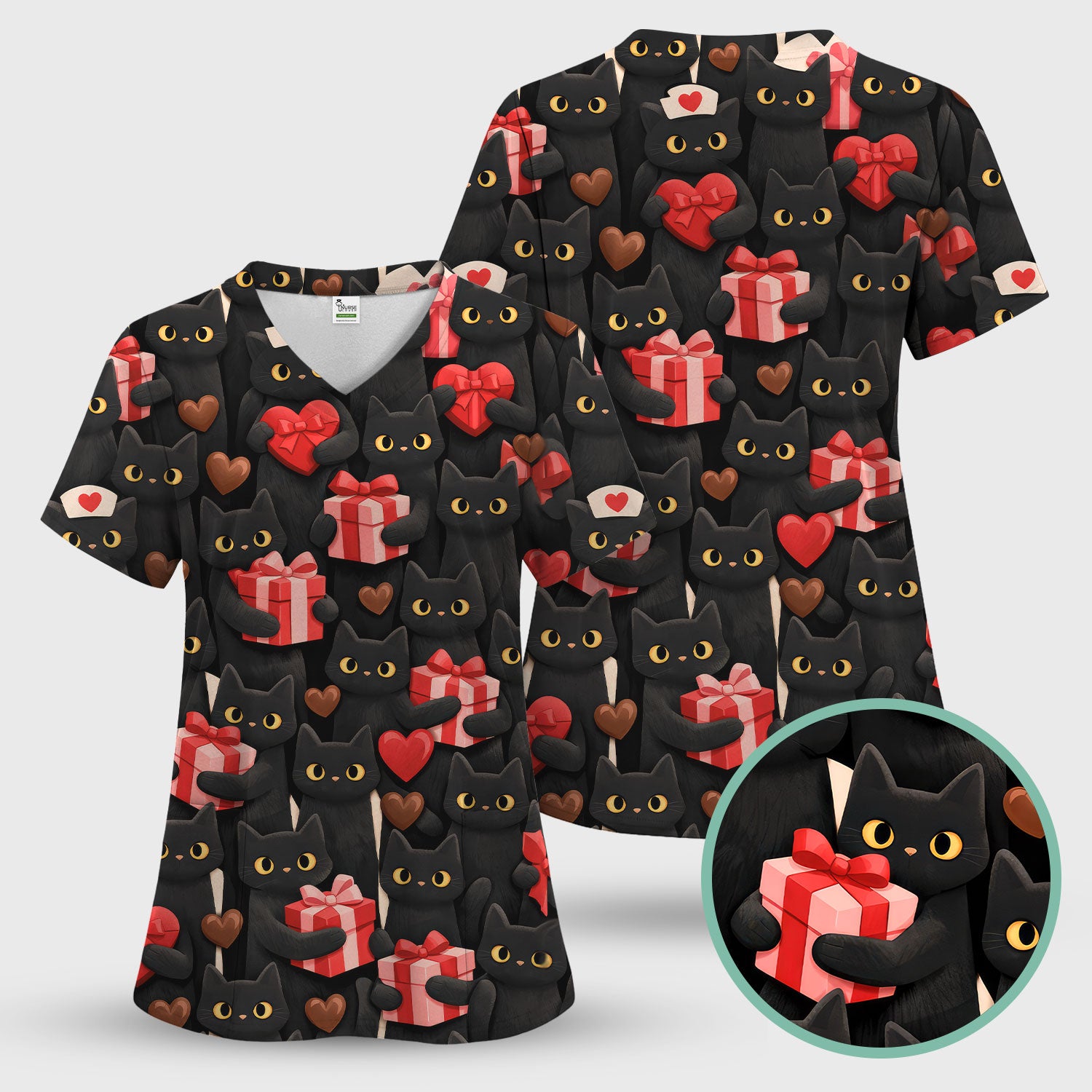 Black Cat Valentine Nurse Scrub Set, Heart Pattern Medical Shirt, Breathable Fabrics Nursing Uniform