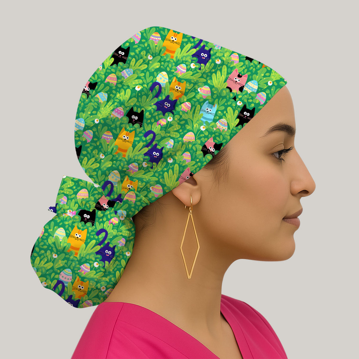 Colorful Easter Cats Green Leaves Print Cap, Bouffant Scrub Caps for Women