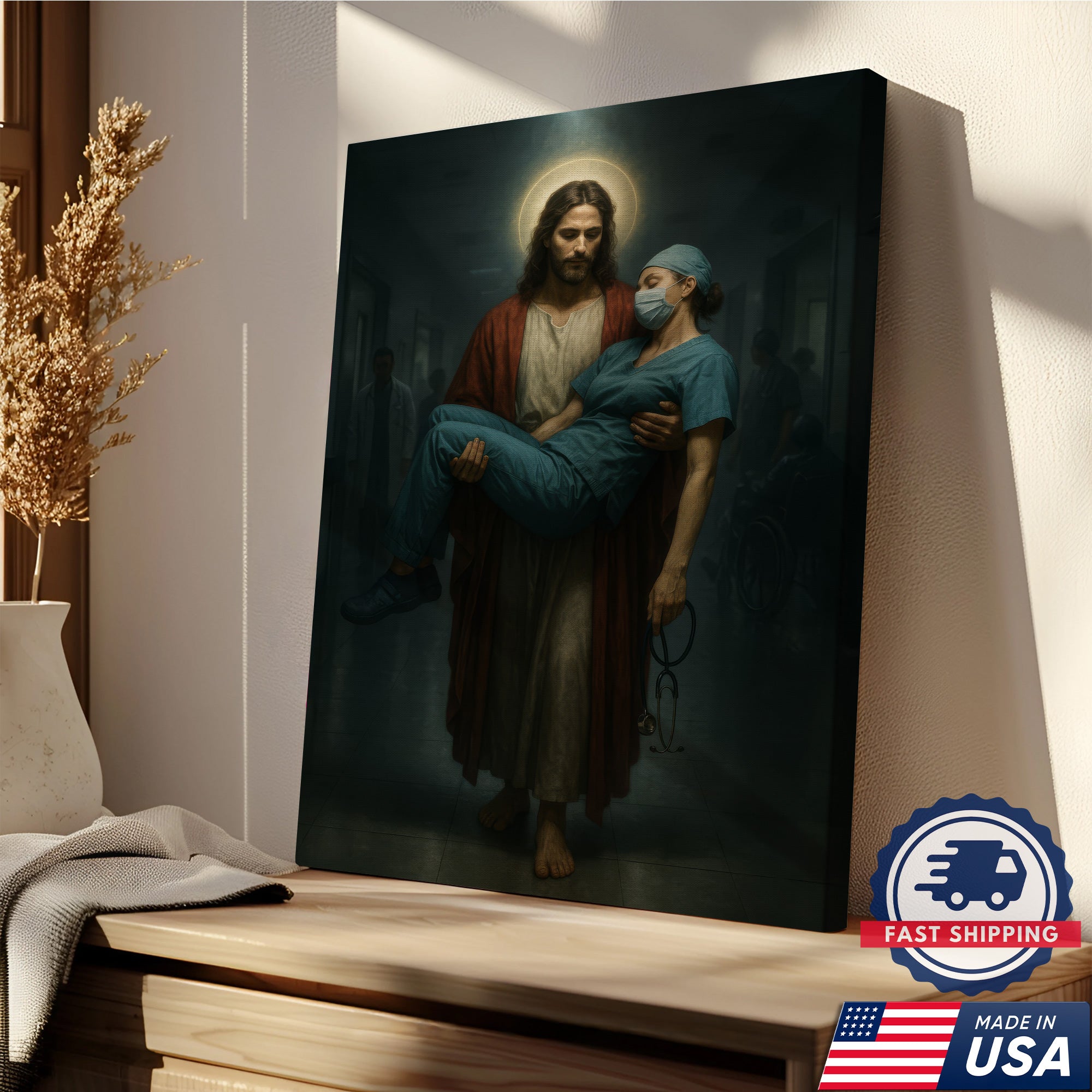Jesus Carrying Nurse Canvas Wall Art, Christian Inspirational Gift, RN LPN CNA Gift