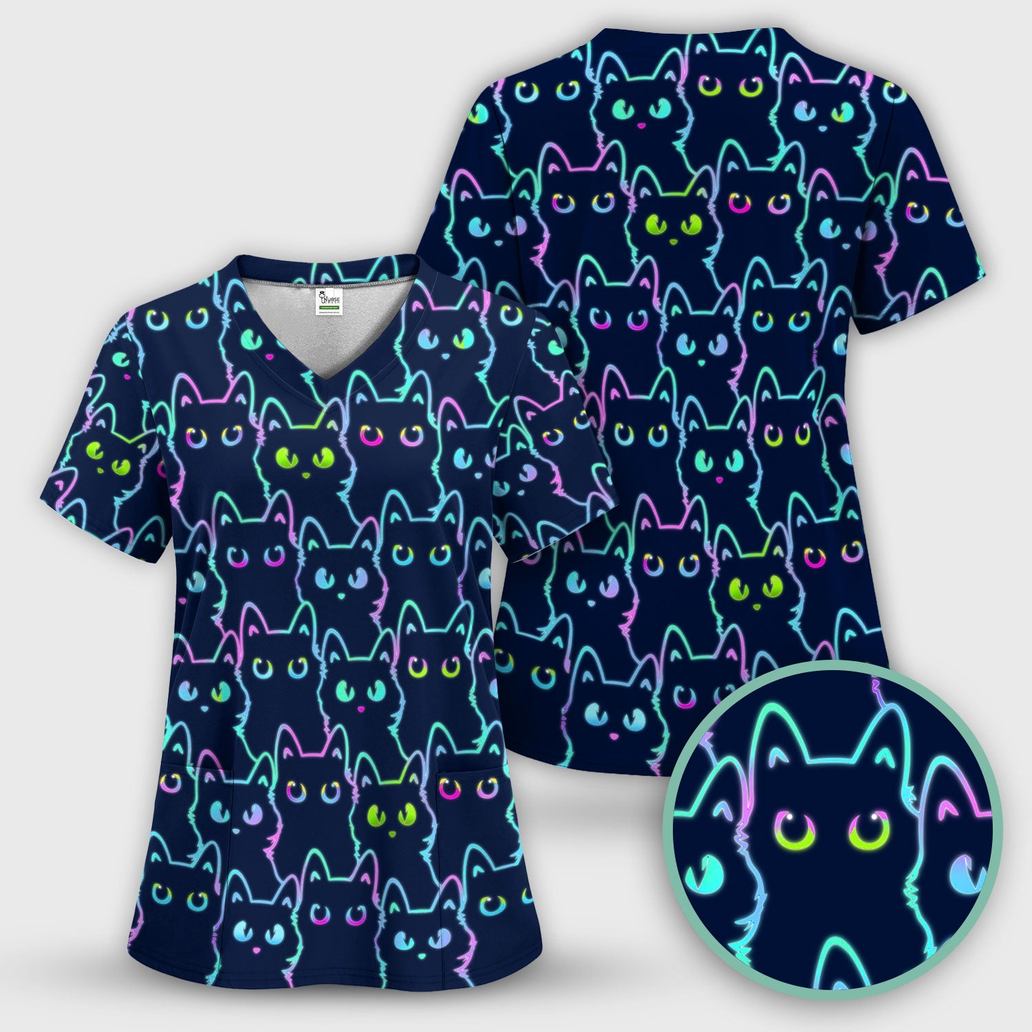 Neon Cat Pattern Scrub Top, Black Cat Scrub Shirt, Breathable Fabrics Nursing Uniform