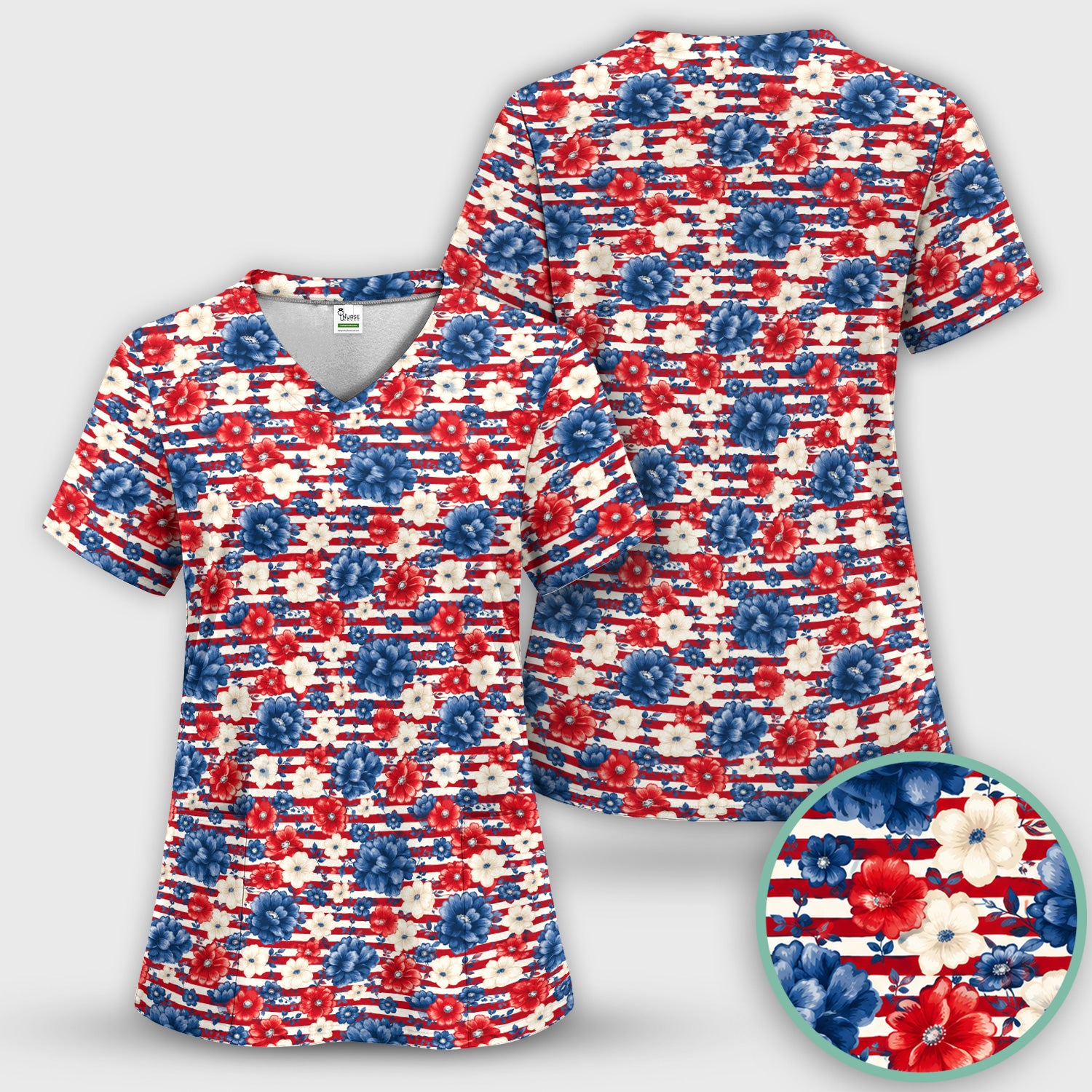 Patriotic Nurse Floral Stripe Pattern Scrub Set, Scrub Pants and V Neck Top