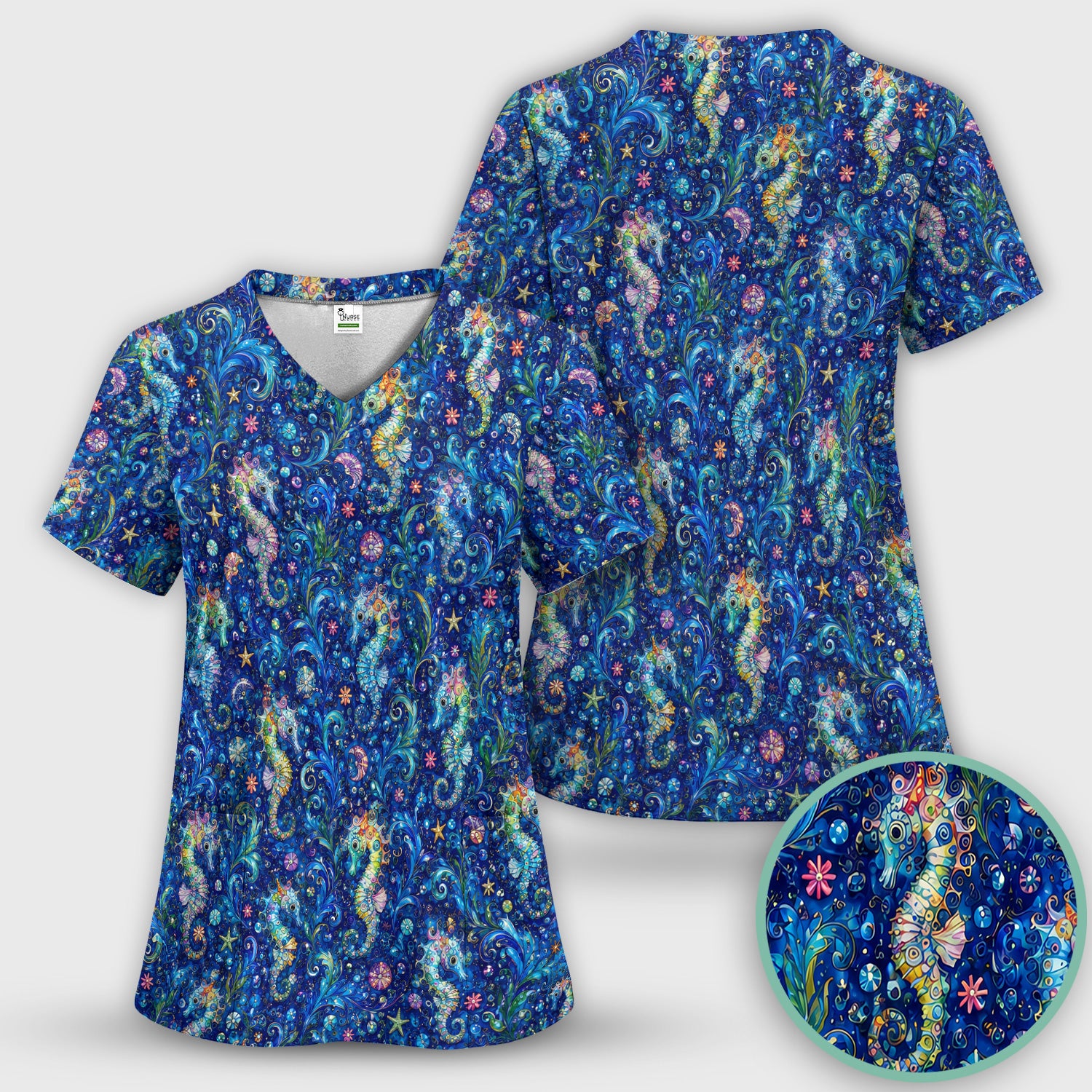 Vibrant Seahorse Ocean Swirl Pattern Scrub Top, Comfortable Scrubs for Nurses