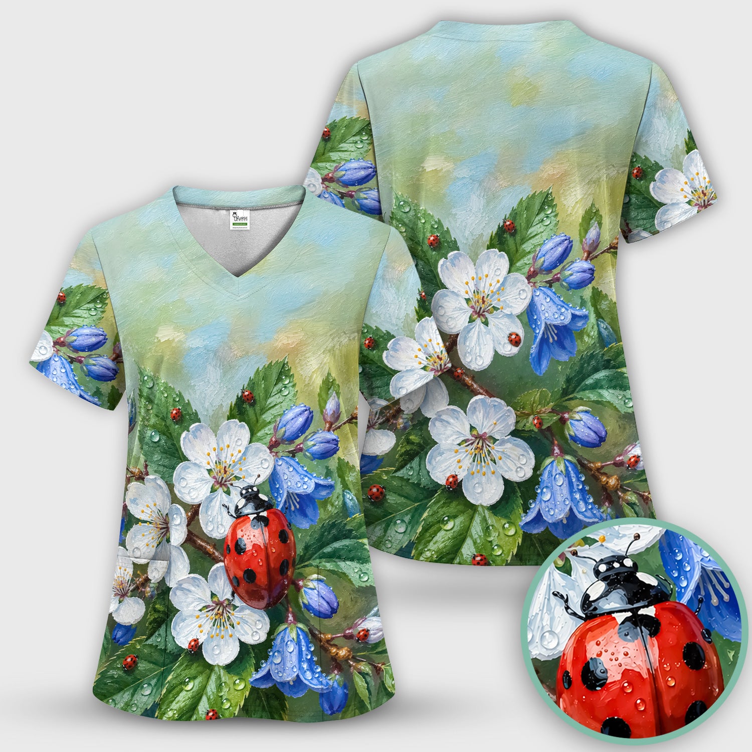 Cute Ladybug Blossom Garden Pattern Scrub Top, Comfortable Scrubs for Nurses