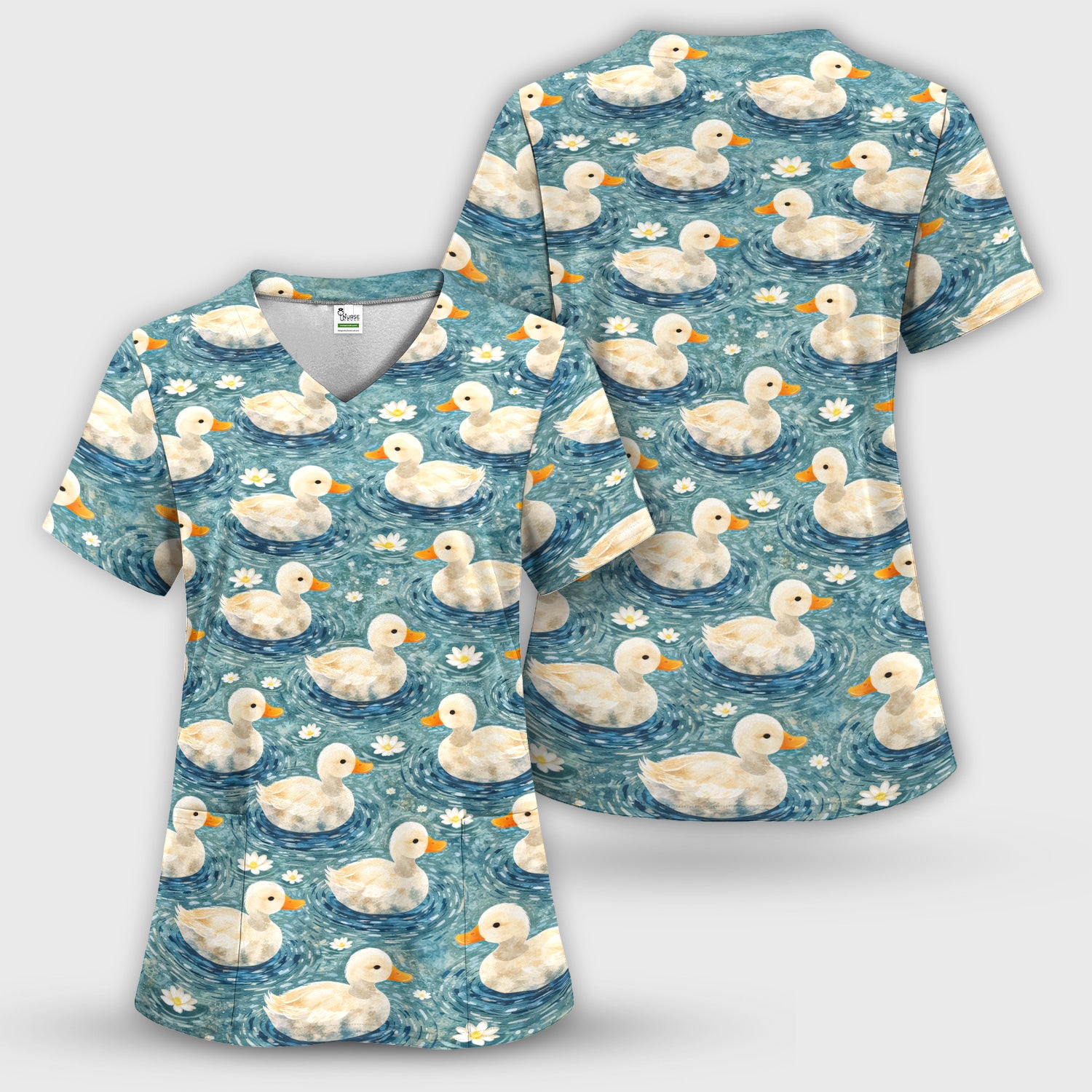 Charming Duck Pond Scrub Top, Peaceful Waterfowl Print Nursing Uniform, Breathable Medical Scrubs