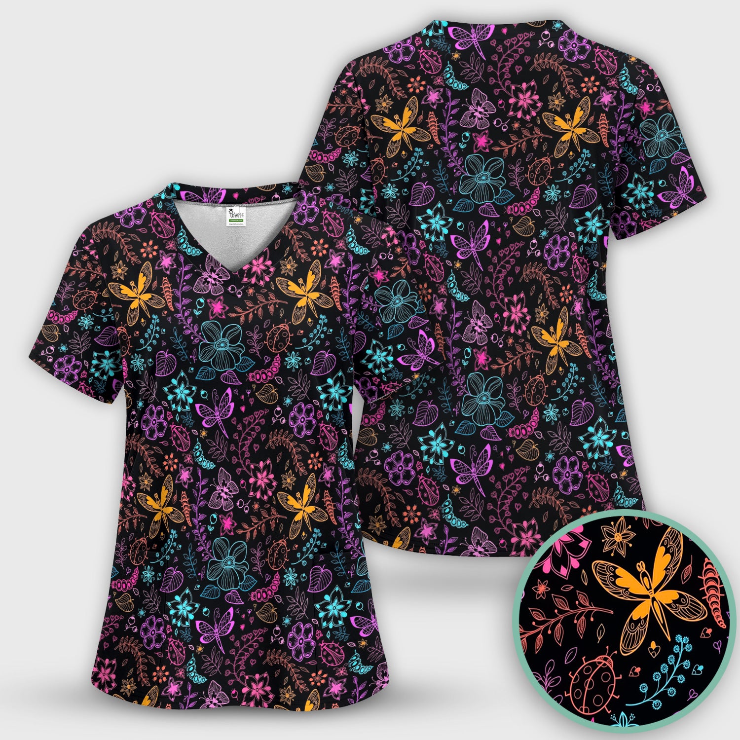 Neon Butterfly and Floral Garden Pattern Scrub Top, Comfortable Scrubs for Nurses