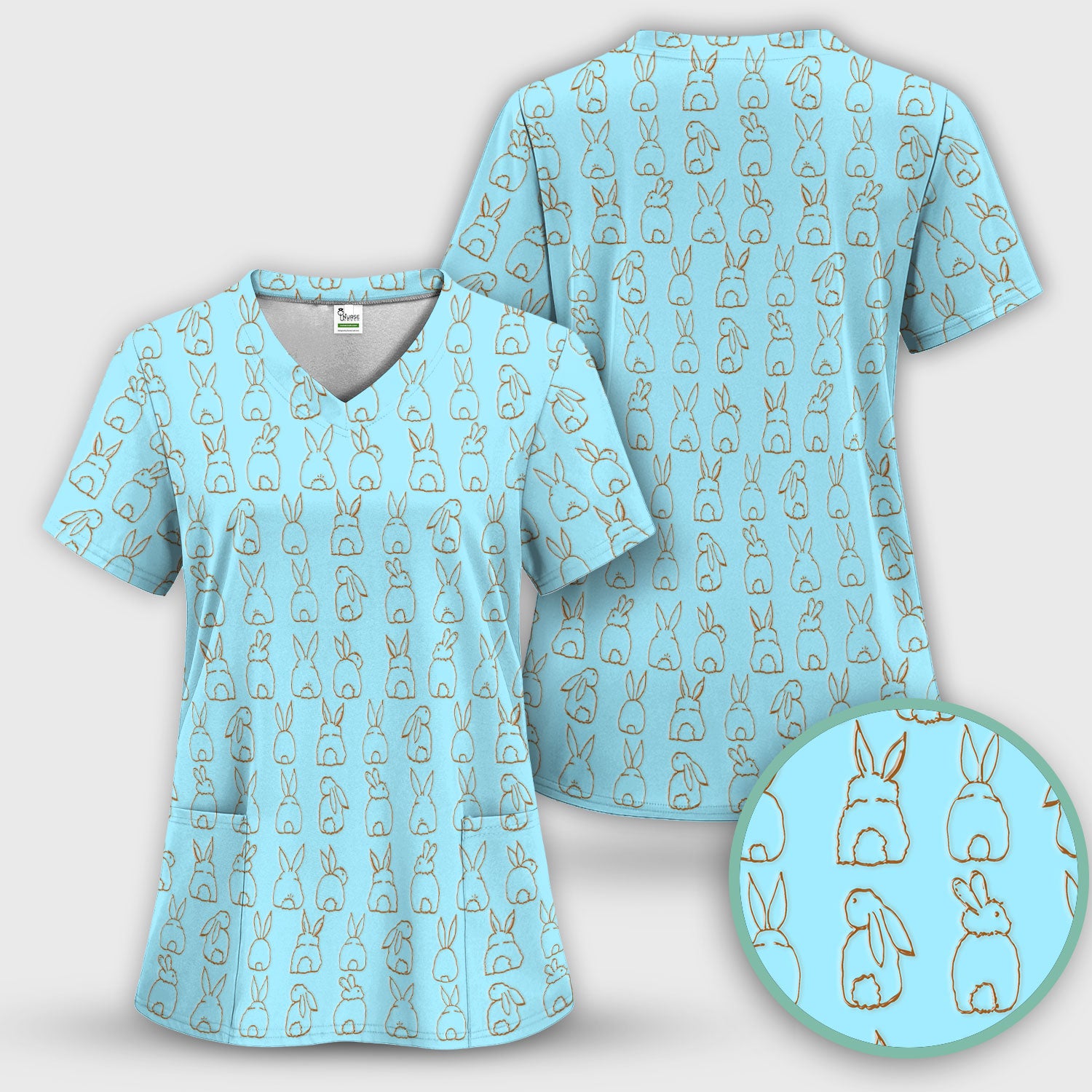 Cartoon Bunny Line Art Pattern Medical Scrub Top, Comfortable Scrubs for Nurses, Easter