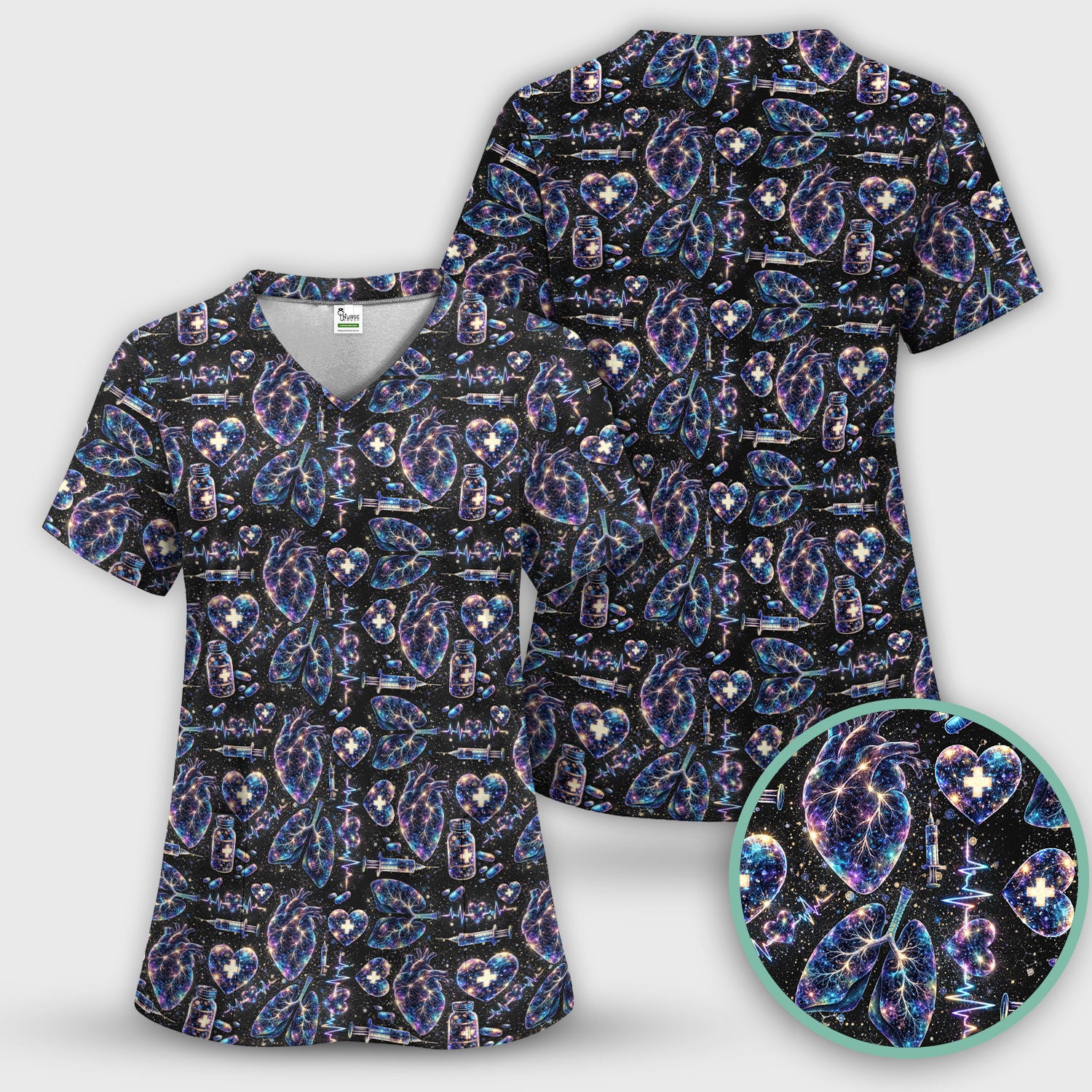 Galaxy Anatomical Heart Lung Syringe Print Scrub Top, Breathable Fabrics Nursing Uniform