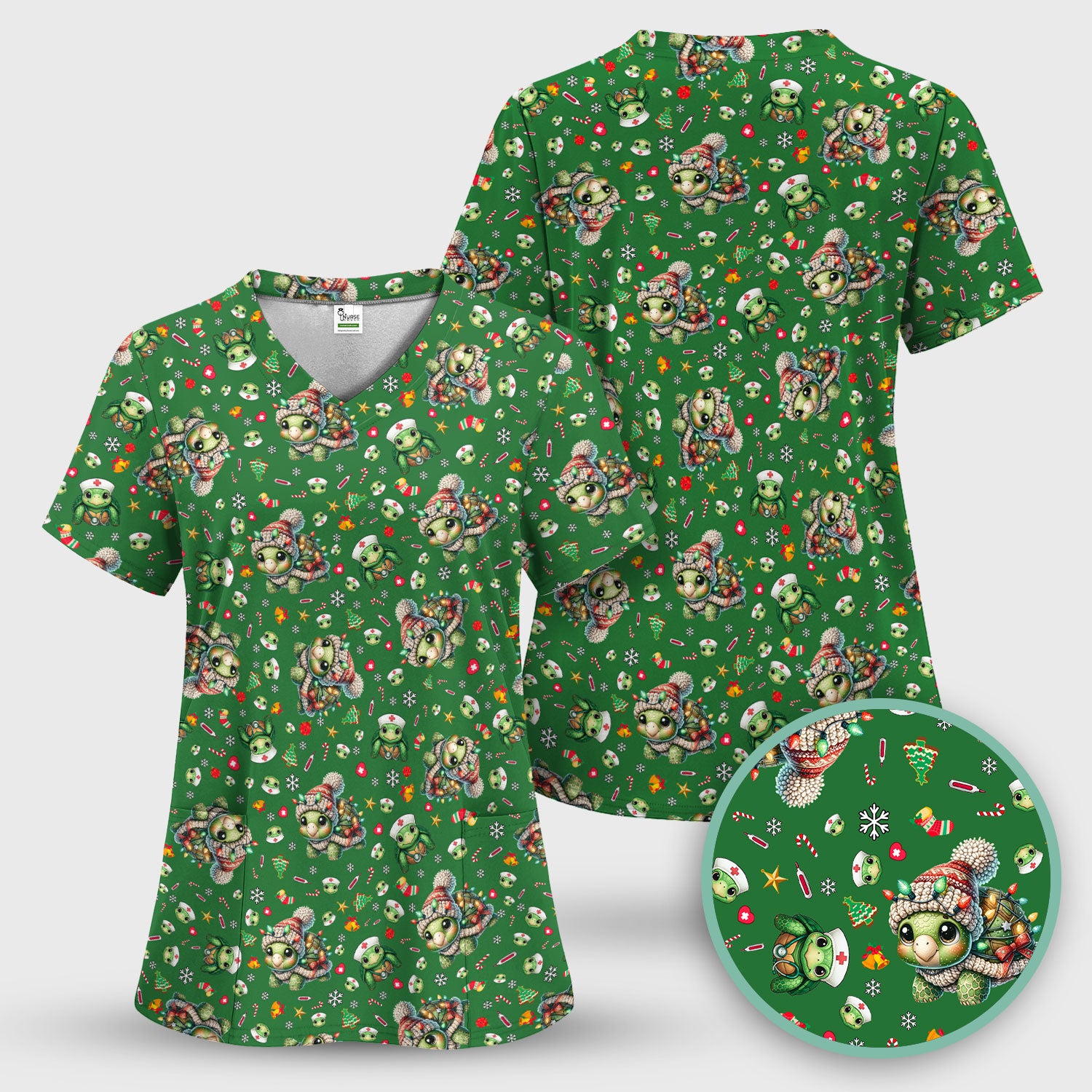 Christmas Turtle Scrub Top - Cute Funny Nurse Shirt - Holiday Medical Uniform for Women RN LPN CNA Gift Idea