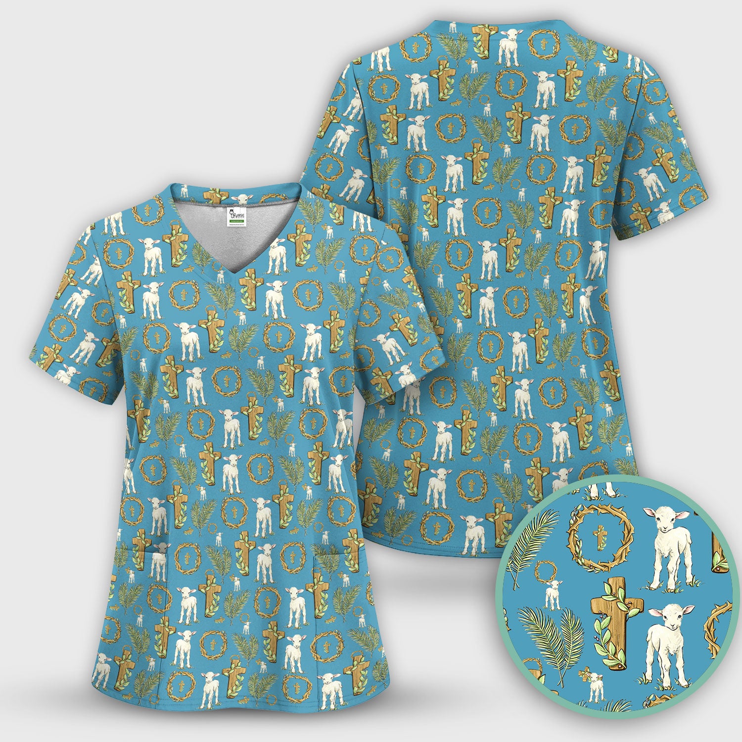 Faith Lamb Cross Pattern Scrub Top, Comfortable Scrubs for Nurses