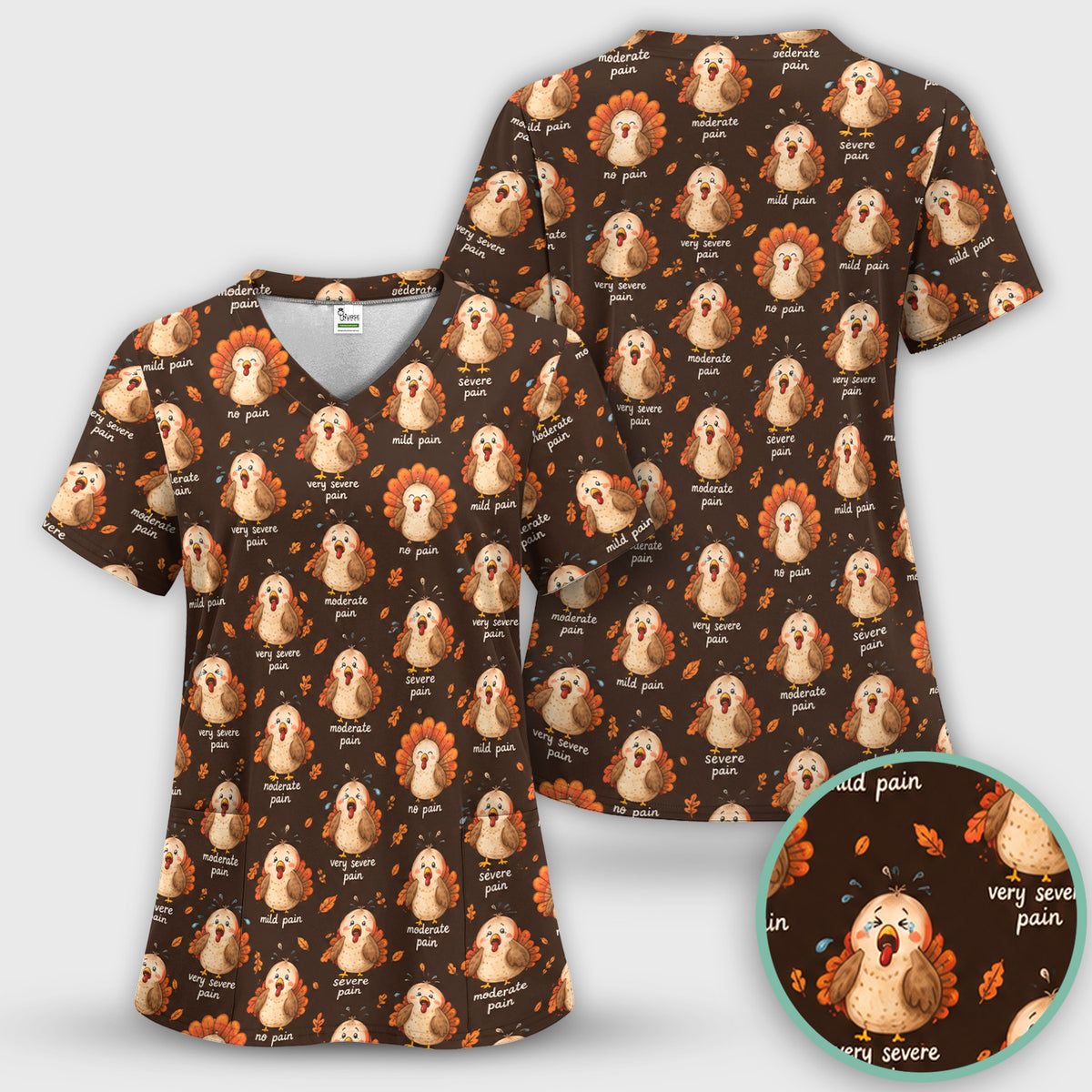 Funny Thanksgiving Turkey Pain Scale Pattern Scrub Set, Scrub Pants and V Neck Top