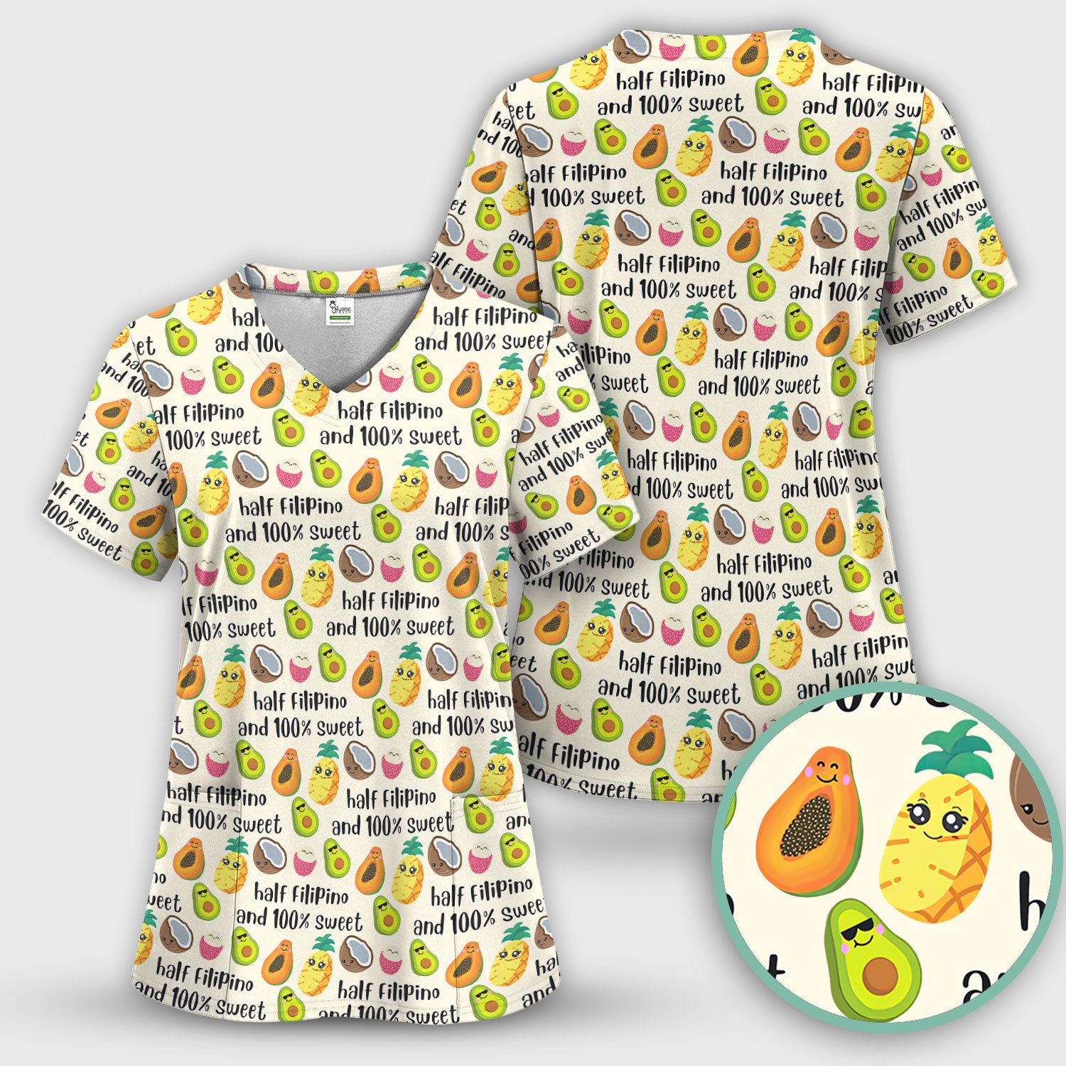 Playful Avocado Fruit Print Filipino Quote Scrub Top, Breathable Fabrics Nursing Uniform