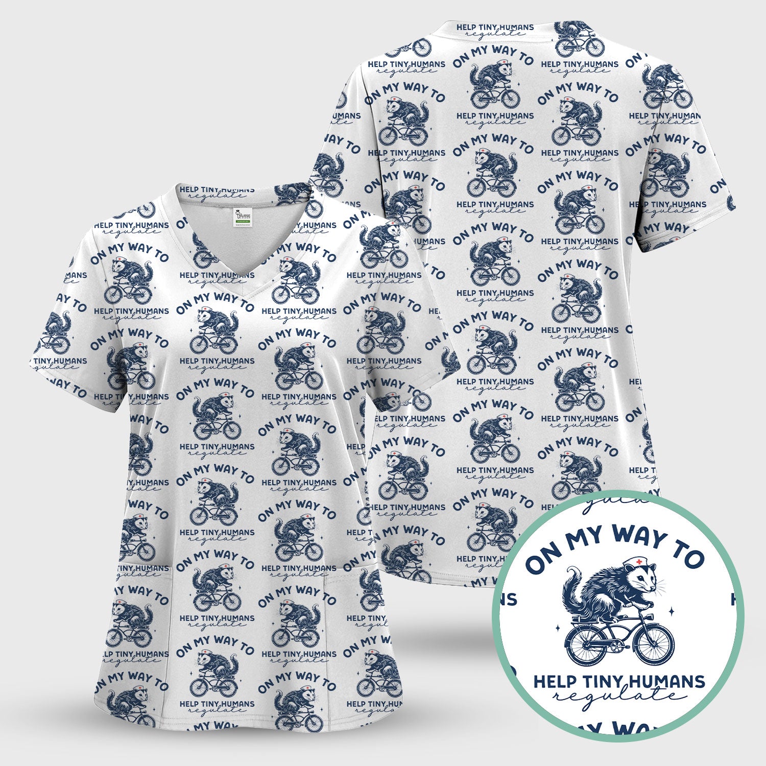 Featuring Biking Opossum With Funny Quote Print Scrub Top, Breathable Fabrics Nursing Uniform