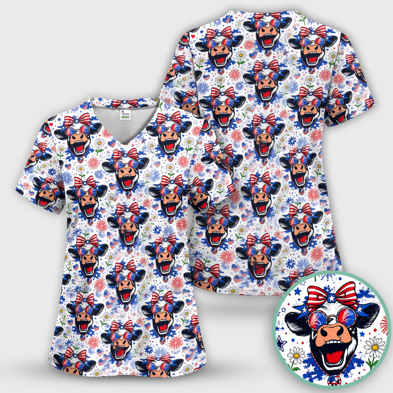 Funny Patriotic Cow Nurse Print Scrub Set, Scrub Pants and V Neck Top
