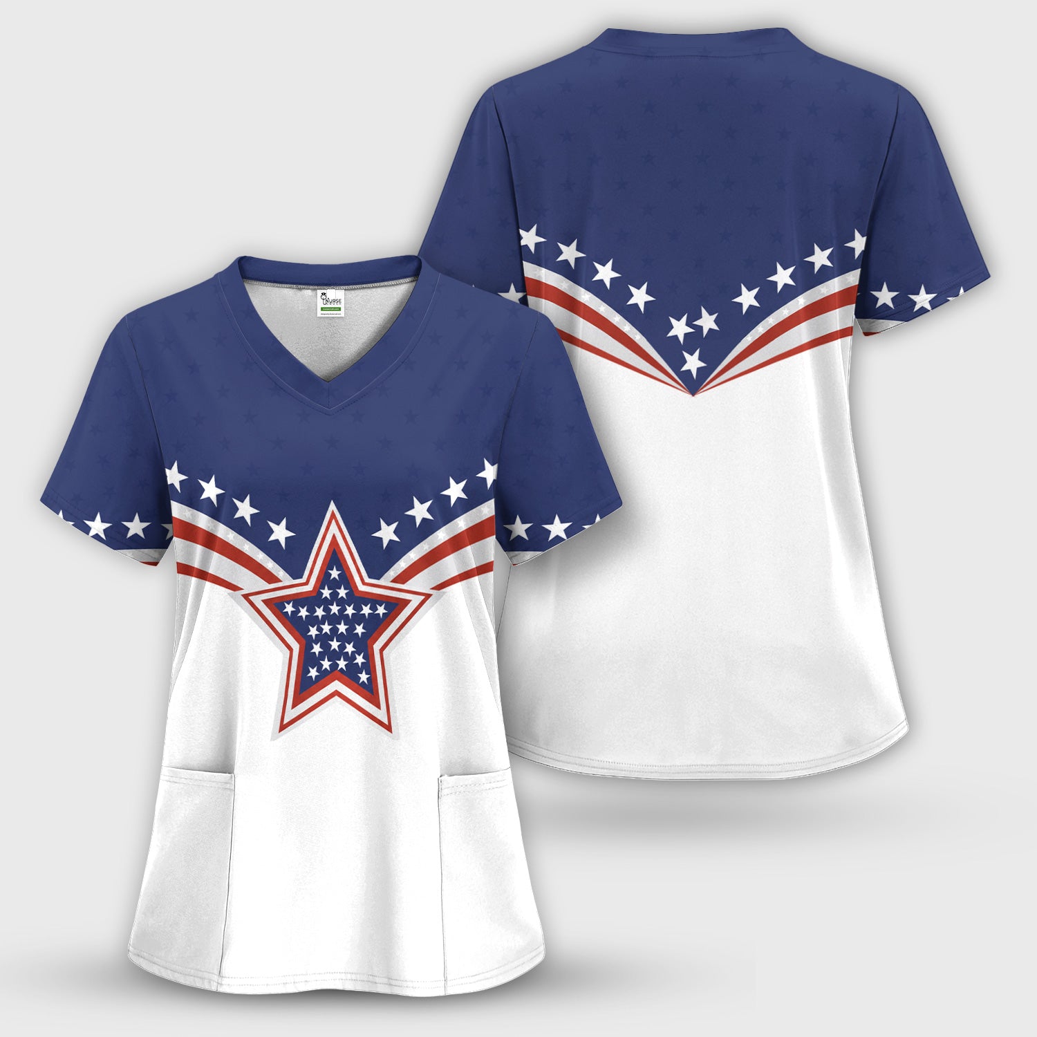 Patriotic American Flag Star Pattern Scrub Top, Comfortable Scrubs for Nurses