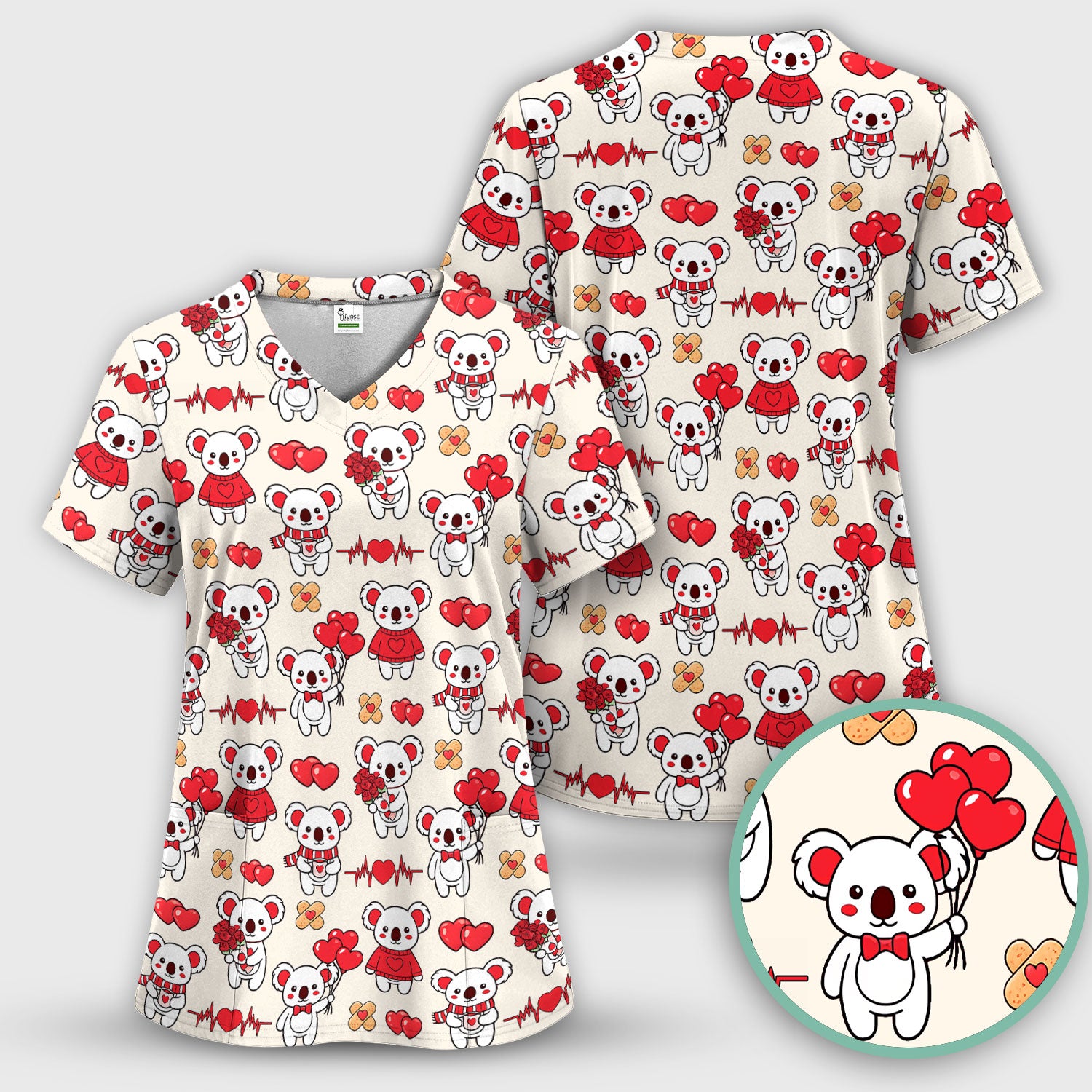 Sweet Koala Valentine Medical Design Scrub Set, Breathable Med Uniform