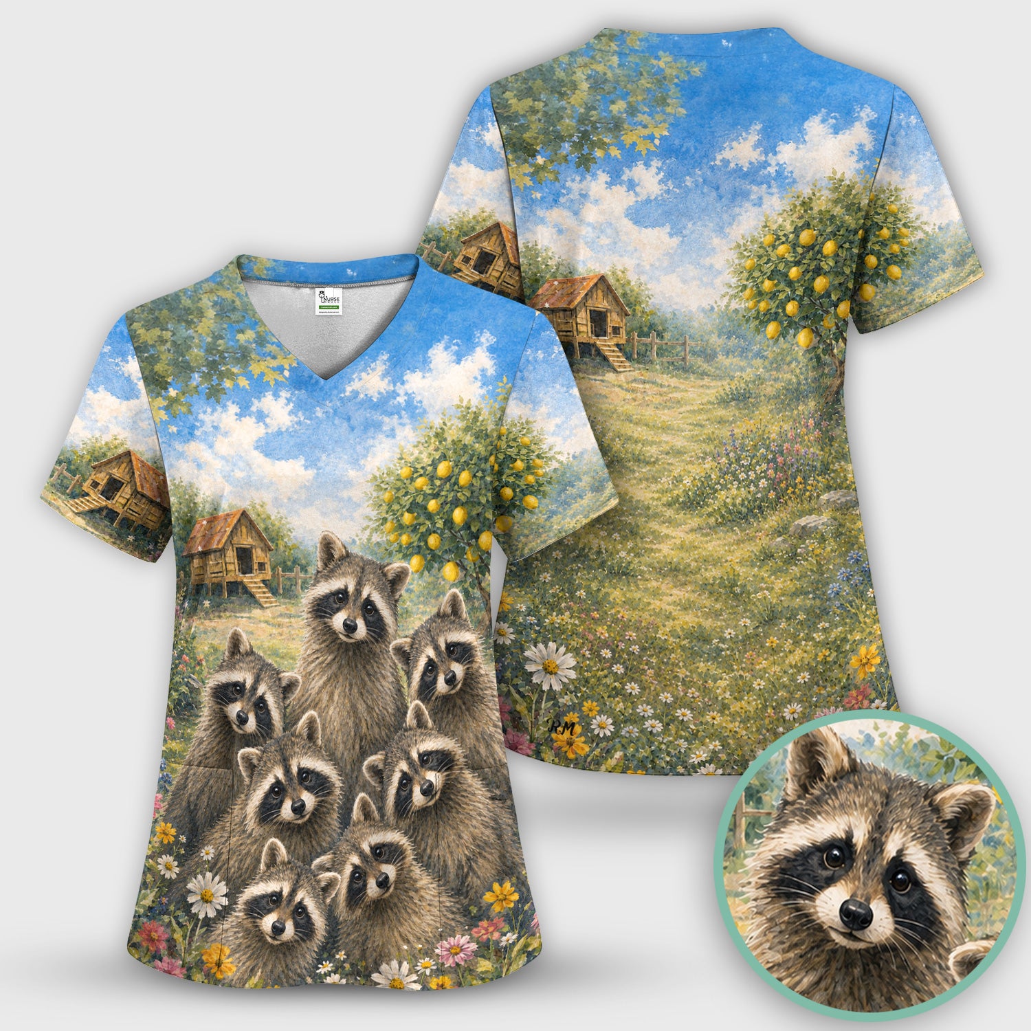 Adorable Raccoon Family Garden Pattern Scrub Set, Scrub Pants and V Neck Top