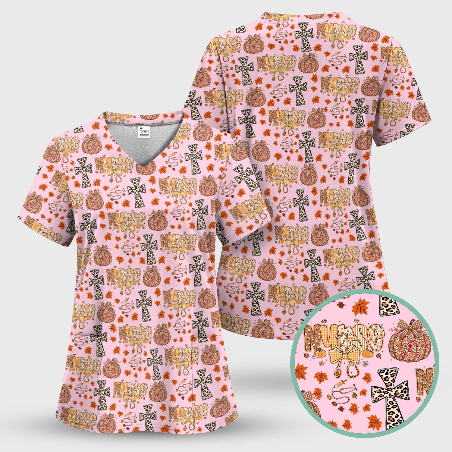 I Will Praise Him In Every Season - Boho Pumpkin Leopard Cross Fall Scrub Top for Nurse - Thanksgiving Med Uniform for Women