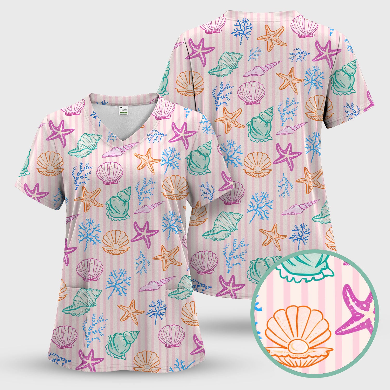 Colorful Seashell Starfish Ocean Stripe Pattern Scrub Top, Breathable Fabrics Nursing Uniform