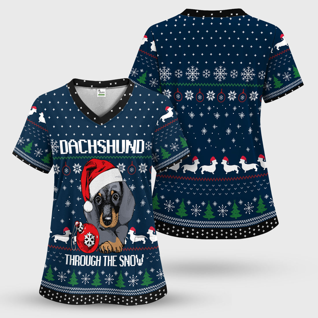 Dachshund Christmas Scrub Top - Funny Sausage Dog Nurse Shirt - Cute Holiday Scrubs for Women RN LPN CNA Gift